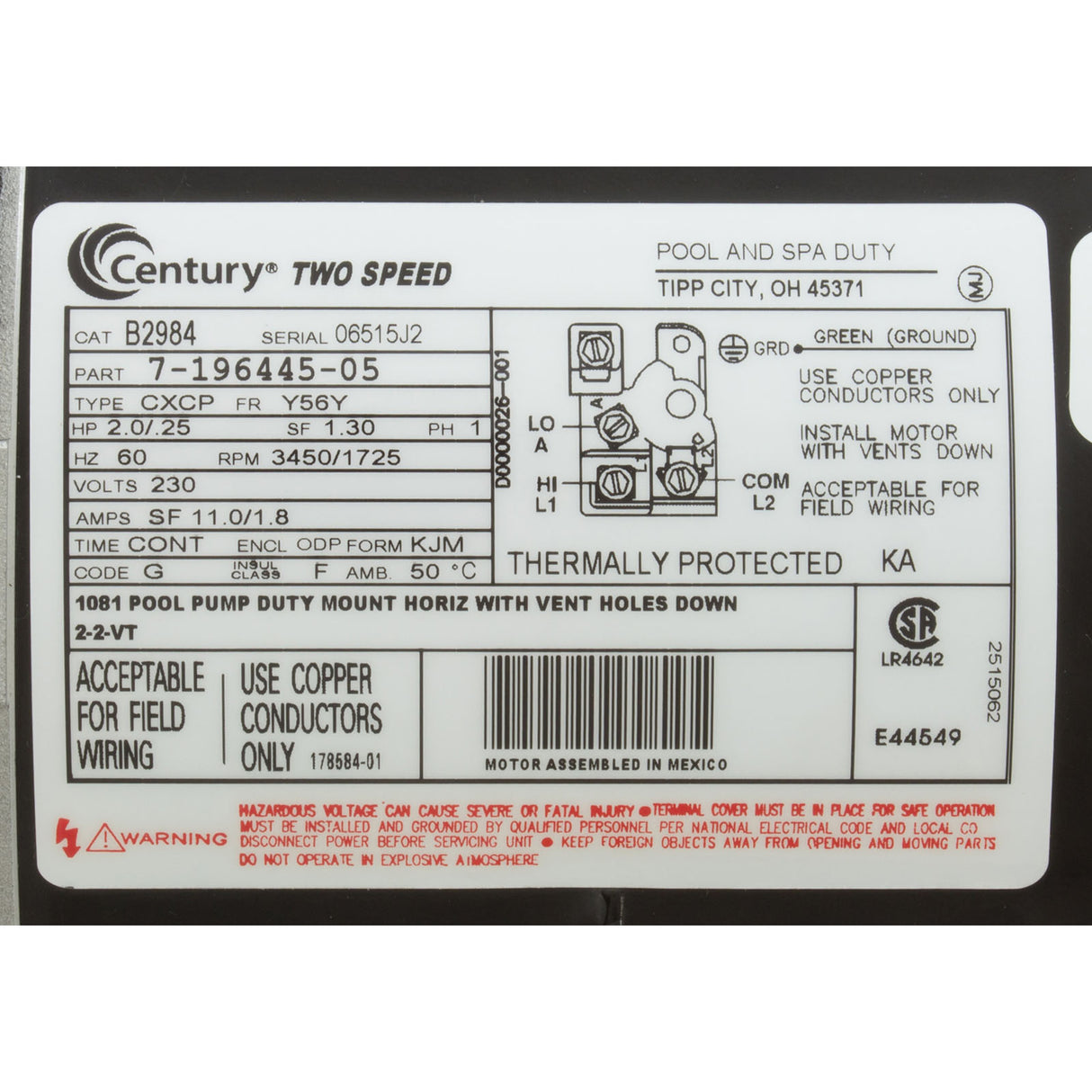 Motor, Century, 2.0hp, 230v, 2-Spd, 56Yfr, SQFL, EE : B2984
