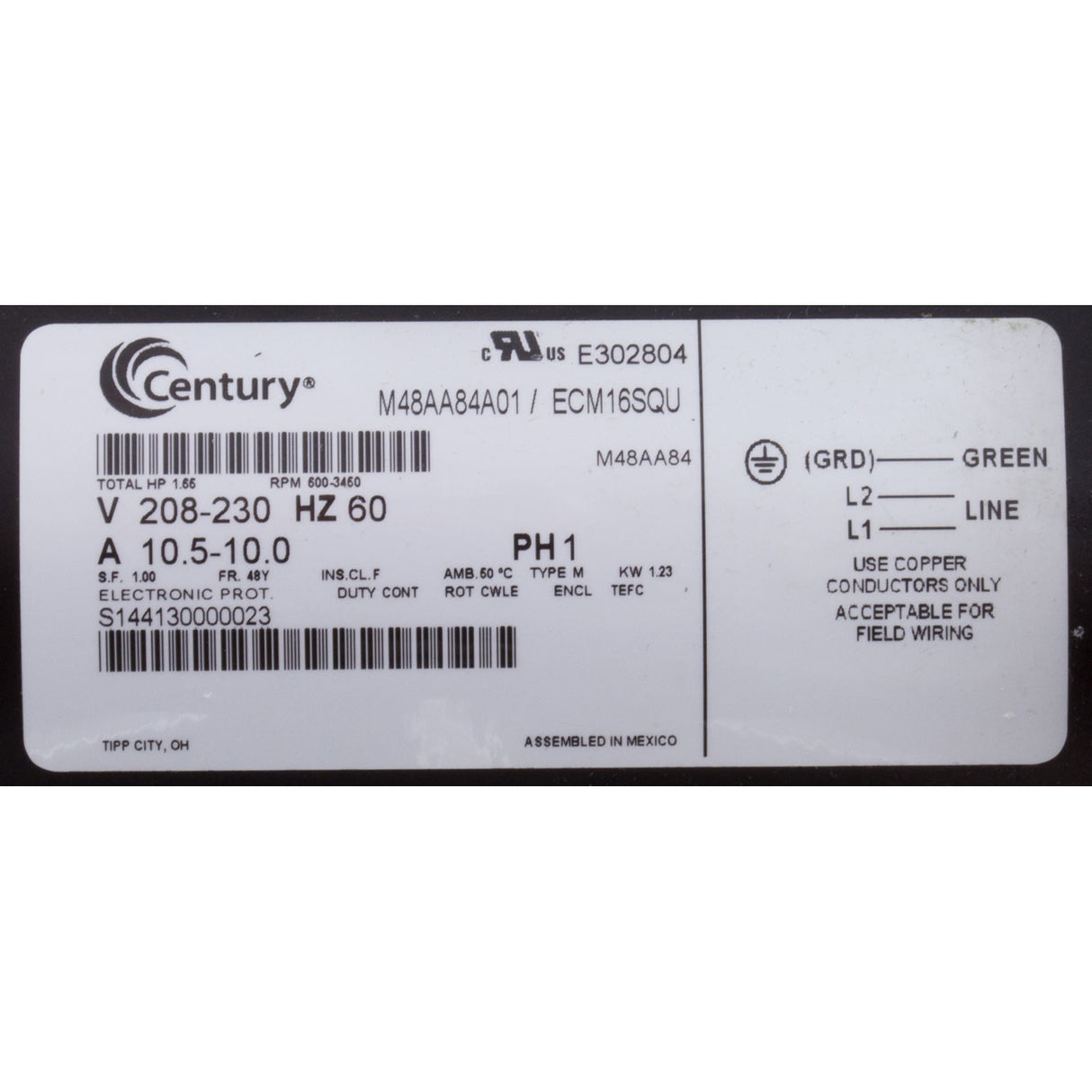 Motor, Century, 208v-230v, Var-Spd, 48fr, SQFL, V-Green : ECM16SQU