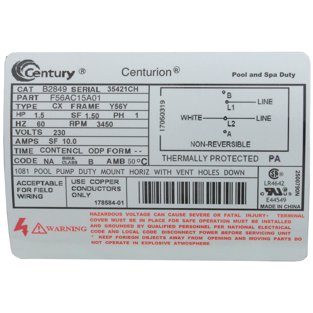 Motor, Century, 1.5hp, 1-Spd, 230v, SQFL, 56Y Frame : B2849