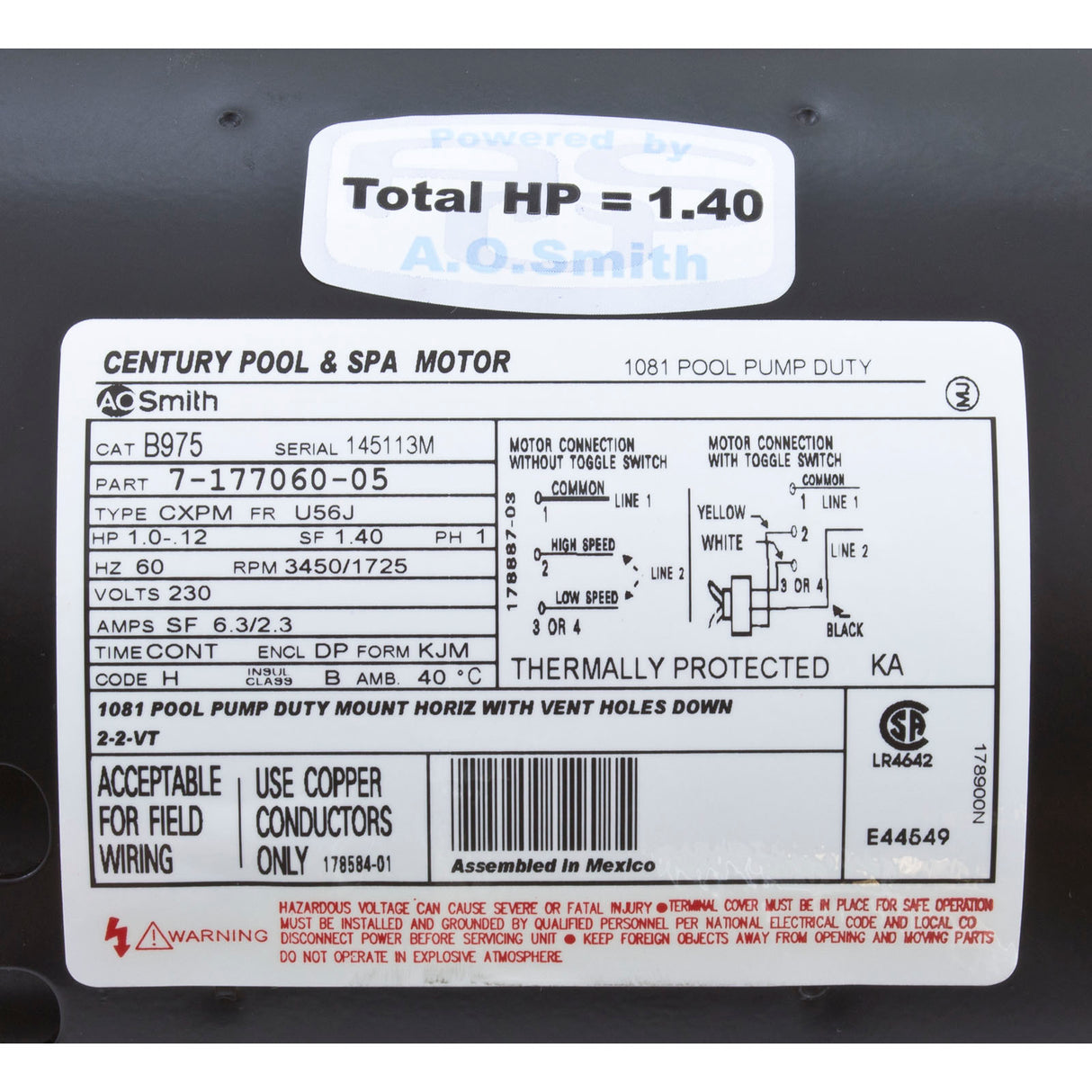 Motor, Century, 1.0hp, 230v, 2-Spd, 56Jfr, C-Face Thd : B2975