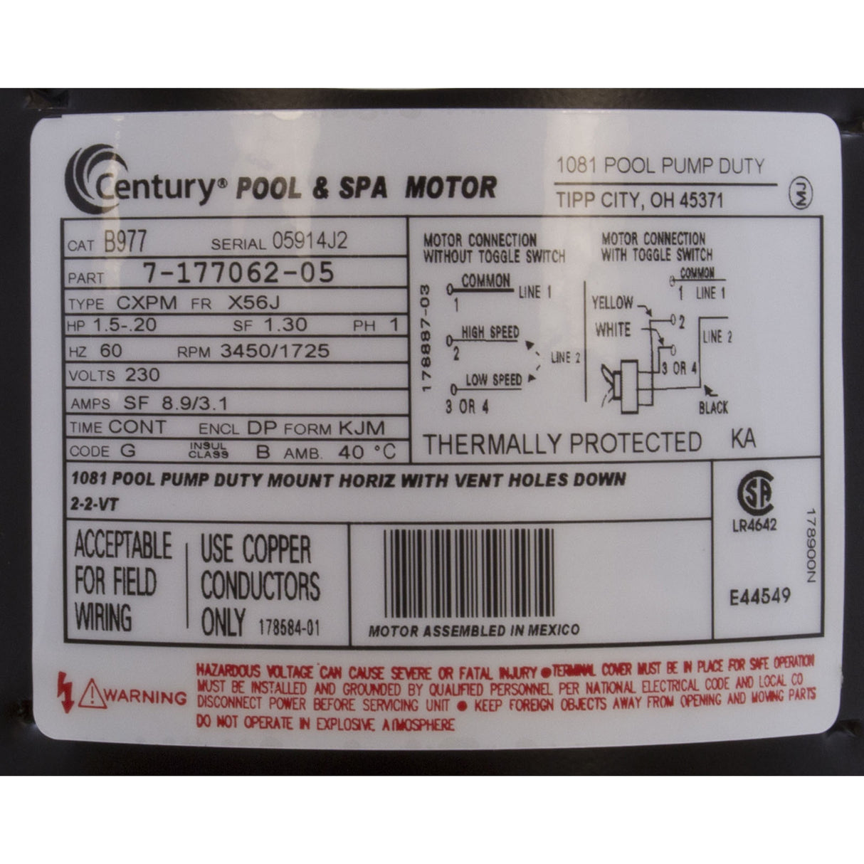Motor, Century, 1.5hp, 230v, 2-Spd, 56Jfr, C-Face Thd : B2977