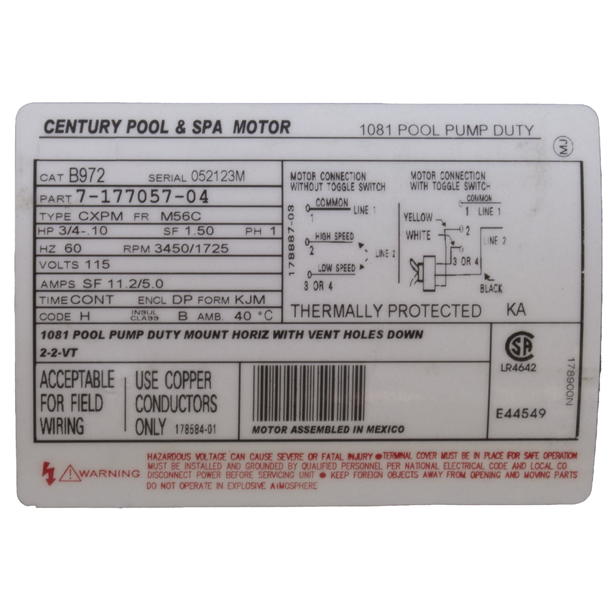 Motor, Century, 0.75hp, 115v, 2-Spd, 56Cfr, C-Face Key : B972