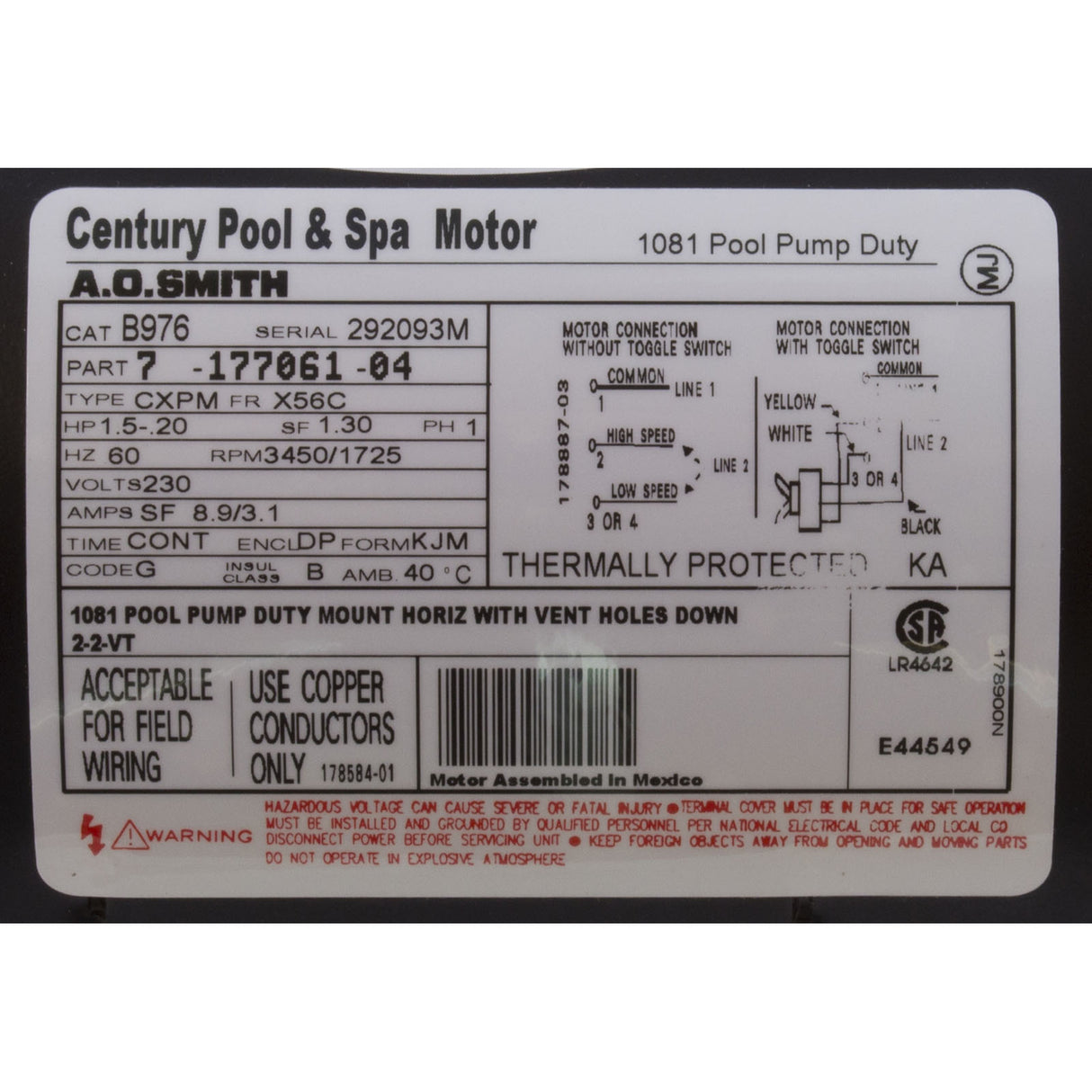 Motor, Century, 1.5hp, 230v, 2-Spd, 56Cfr, C-Face Key : B976