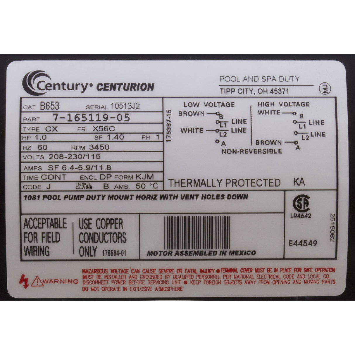 Motor, Century, 1.0hp, 115v/208-230v, 1-Spd, 56Cfr, C-Face Key, EE : B653