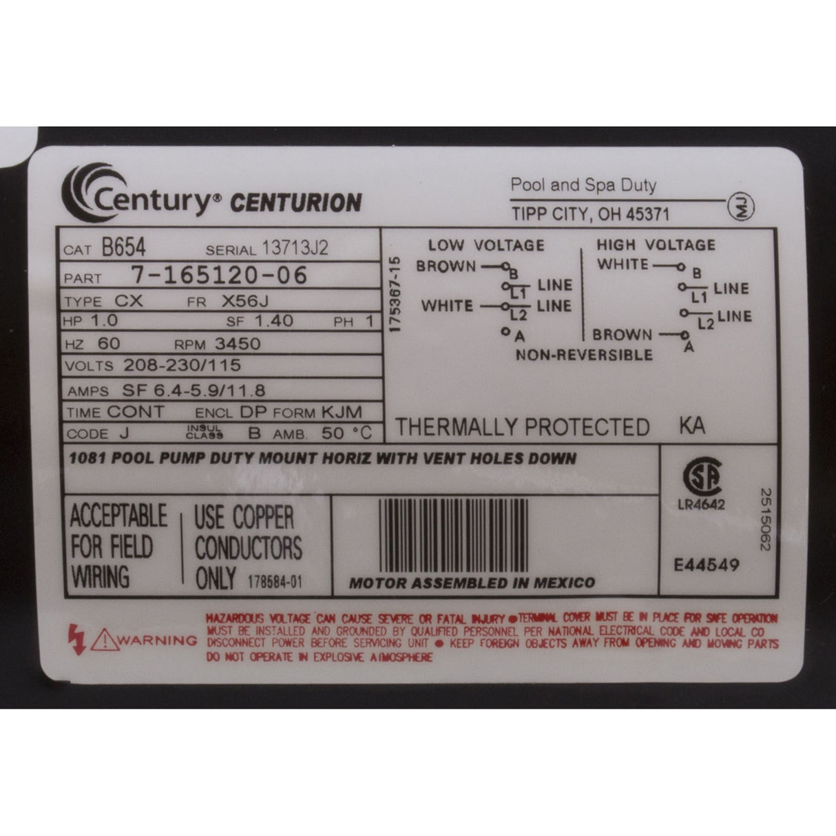 Motor, Century, 1.0hp, 115v/230v, 1-Spd, 56Jfr, C-Face Thd, EE : B654