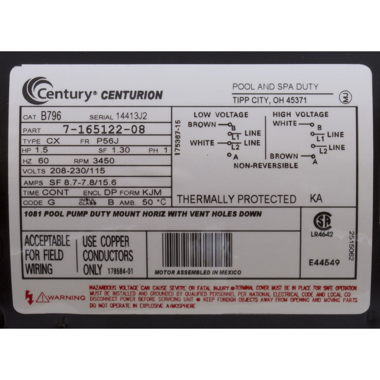 Motor, Century, 1.5hp, 115v/208-230v, 1Spd, 56Jfr, C-Face Thd, EE : B796