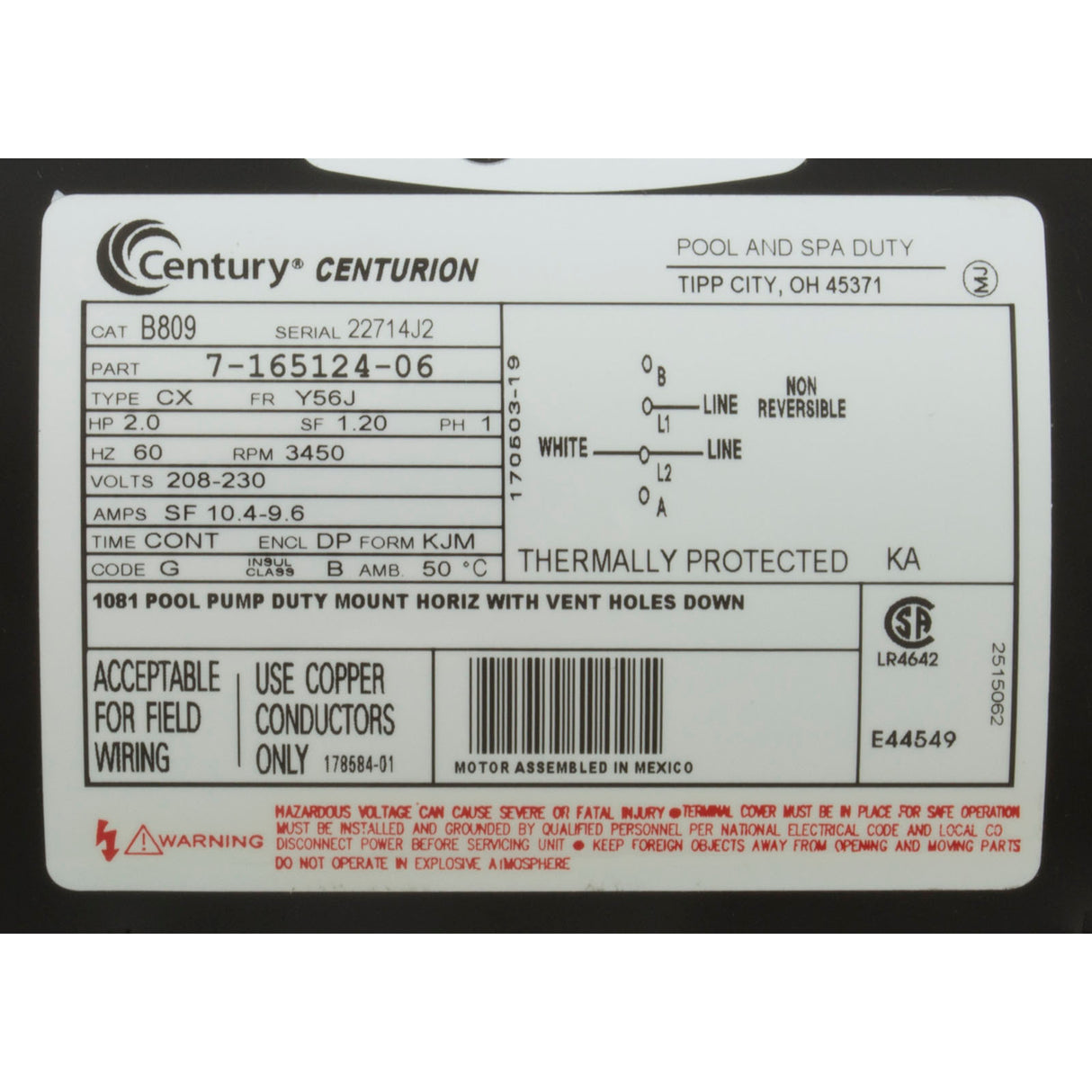 Motor, Century, 2.0hp, 208v-230v, 1-Spd, 56Jfr, C-Face Thd, EE : B809