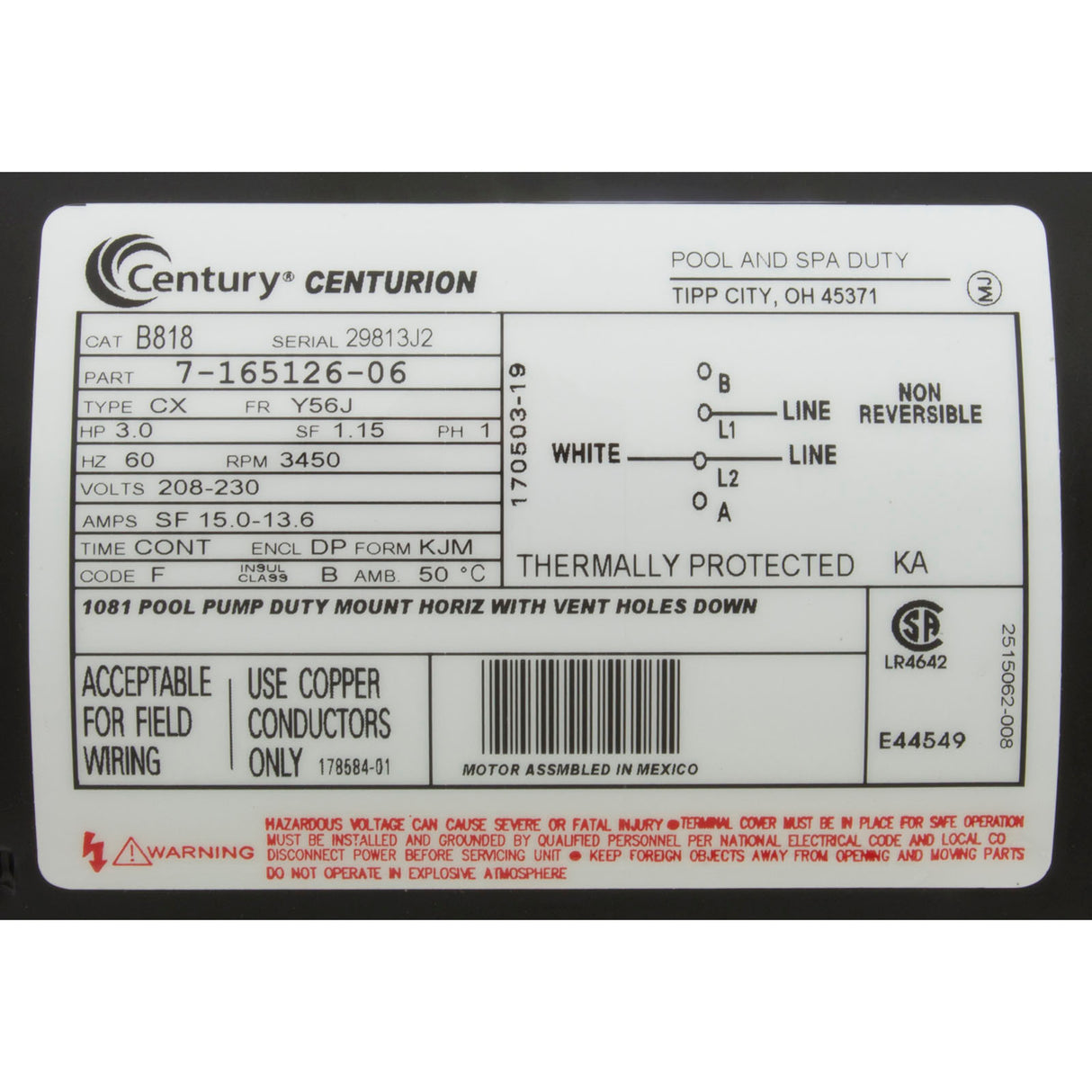 Motor, Century, 3.0hp, 208v-230v, 1-Spd, 56Jfr, C-Face Thd, EE : B818