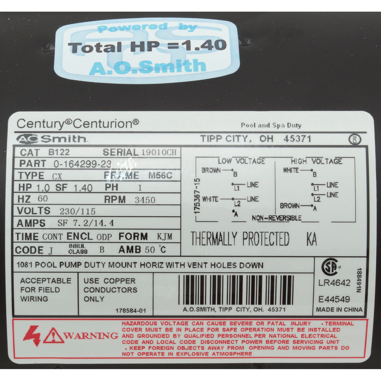 Motor, Century, 1.0hp, 115v/230v, 1-Spd, M56Cfr, C-Face Key : B122