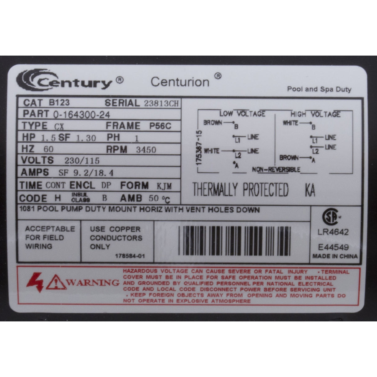 Motor, Century, 1.5hp, 115v/230v, 1-Spd, 56Cfr, C-Face Key : B123