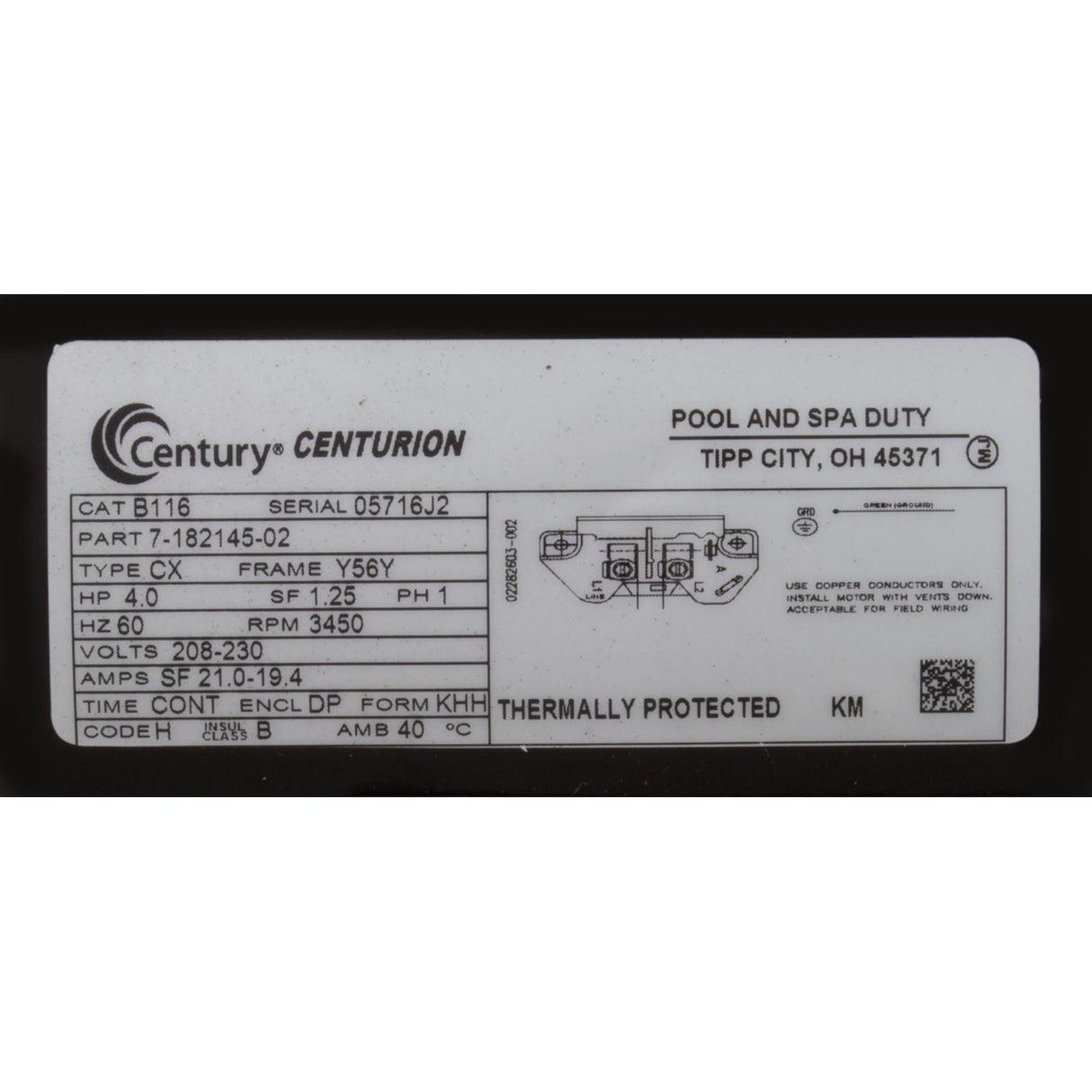 Motor, Century, 4.0hp, 208v-230v, 1-Spd, 56Yfr, C-Face, Thd : B116 - Century - 786674011800 - PartsForSpas.com