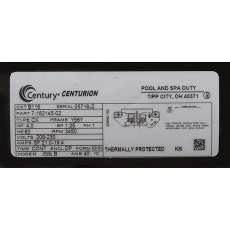 Motor, Century, 4.0hp, 208v-230v, 1-Spd, 56Yfr, C-Face, Thd : B116 - Century - 7.86674E+11 - PartsForSpas.com