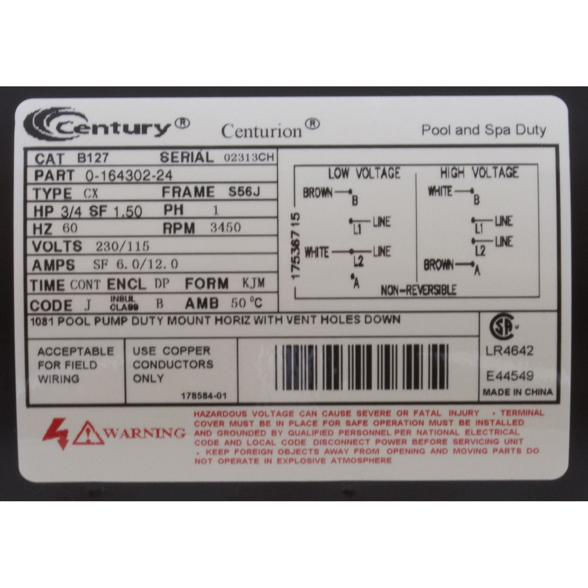 Motor, Century, 0.75hp, 115v/230v, 1-Spd, 56Jfr, C-Face Thd : B127