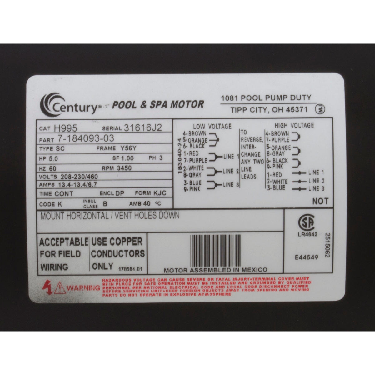 Motor, Century, 5.0hp, 208-230v/460v, SQFL, 56Y Frame, 3 Ph, Thd : H995