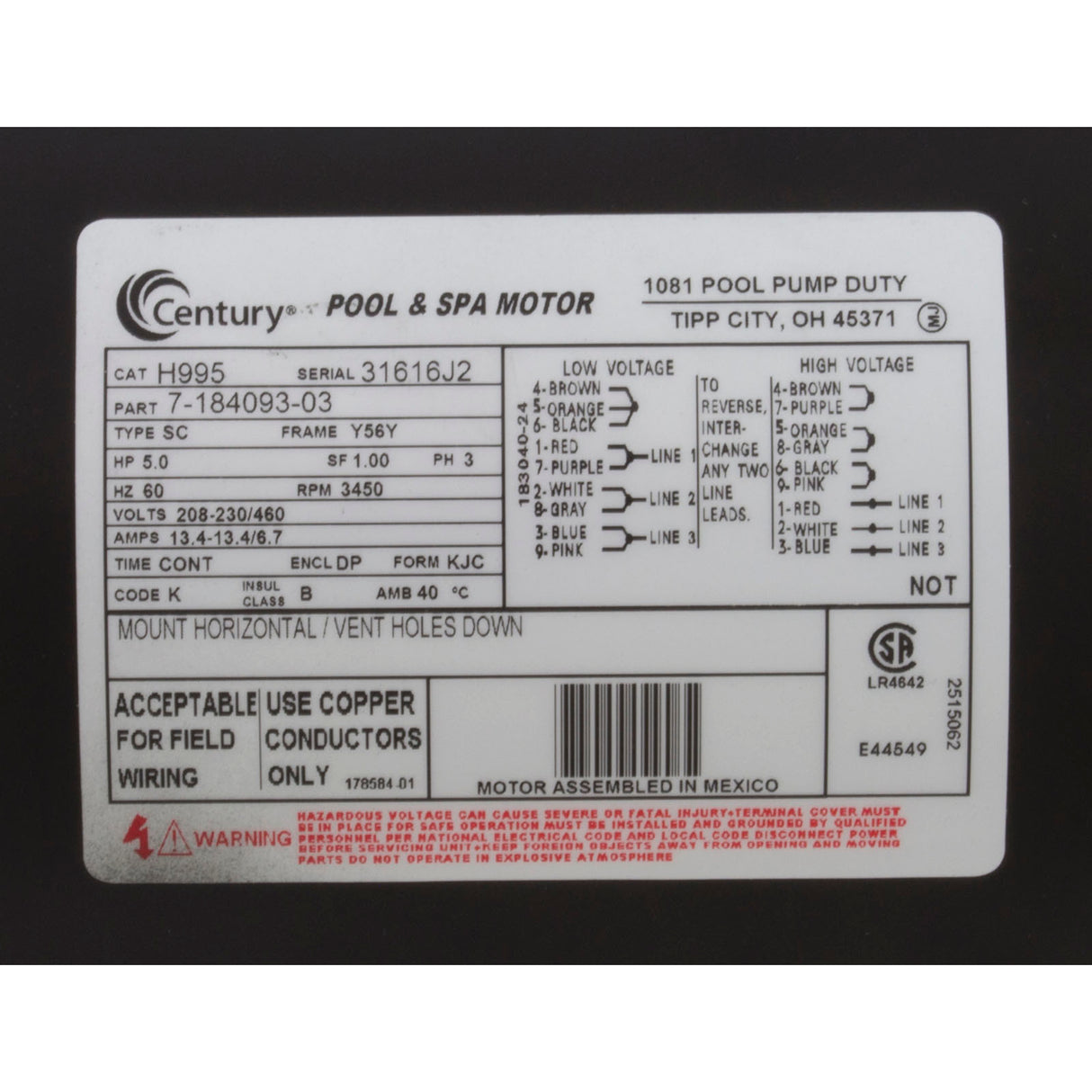 Motor, Century, 5.0hp, 208-230v/460v, SQFL, 56Y Frame, 3 Ph, Thd : H995