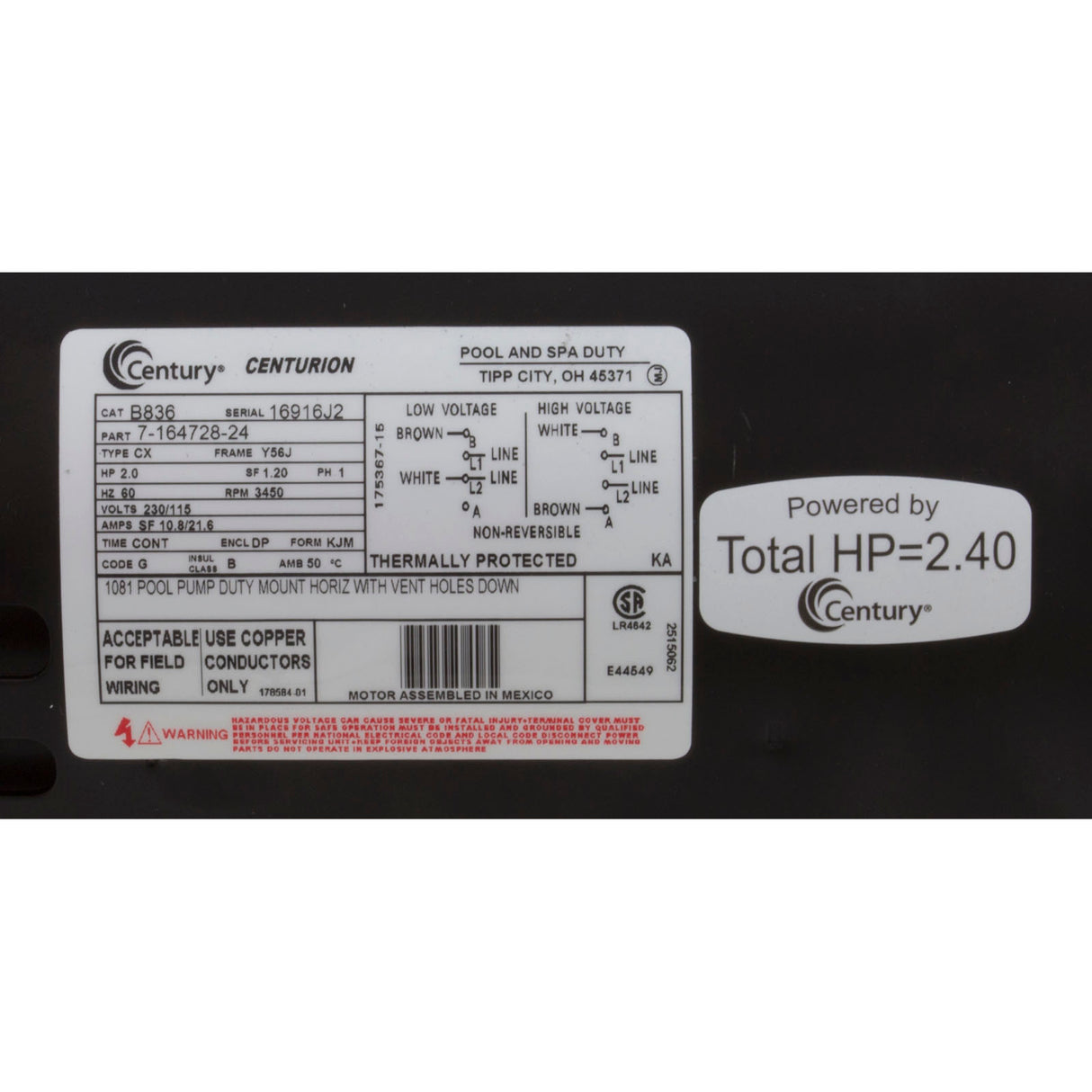 Motor, Century, 2.0hp, 115v/230v, 1-Spd, 56Jfr, C-Face Thd : B836