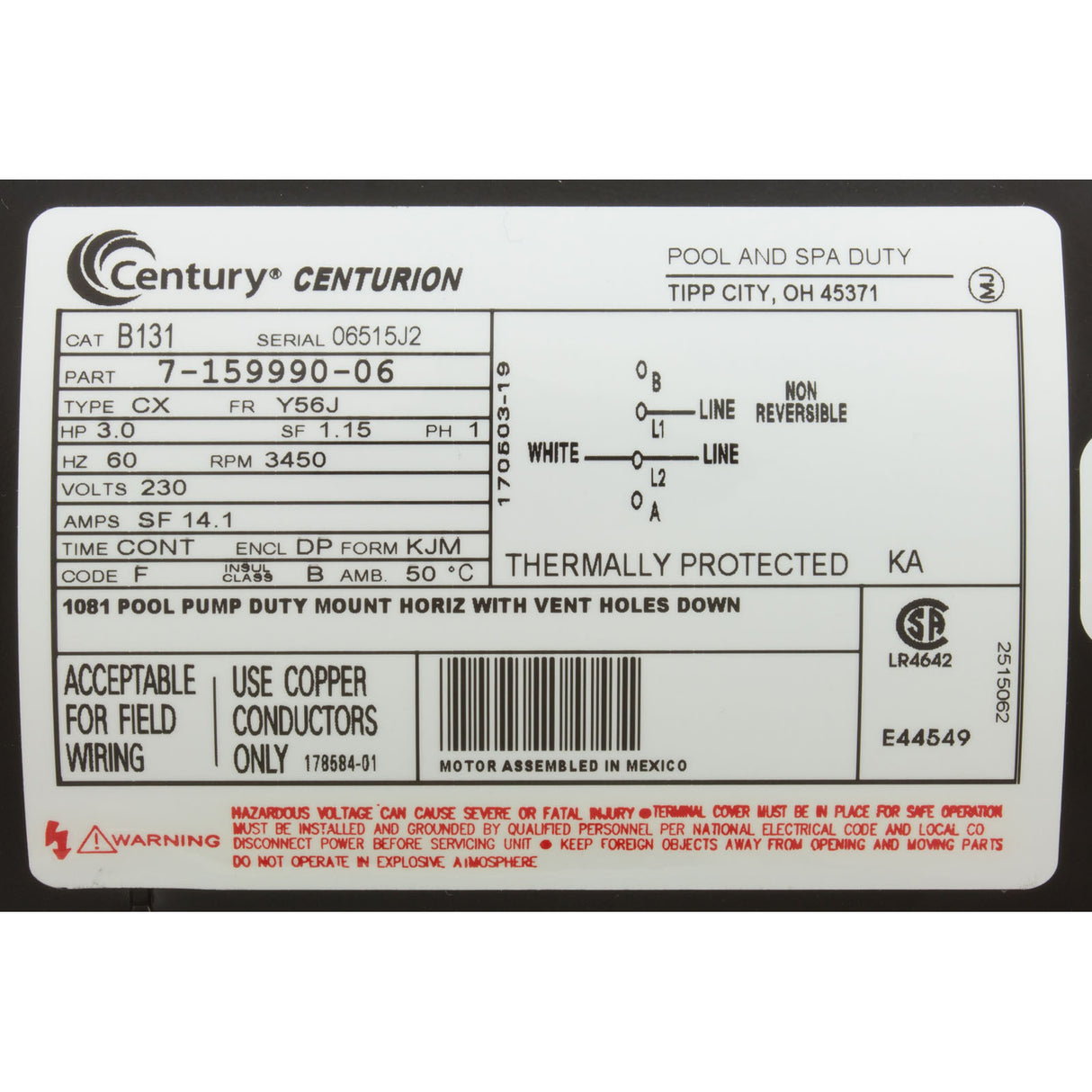 Motor, Century, 3.0hp, 230v, 1-Spd, 56Jfr, C-Face Thd : B131