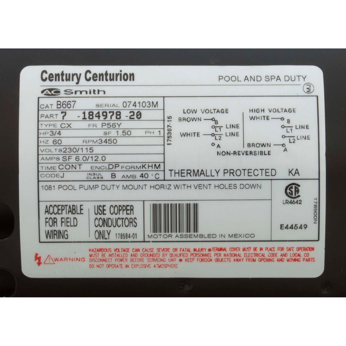 Motor, Century, 0.75hp, 115v/230v, 1 Spd, 56Yfr, Thd, No SVRS : B662
