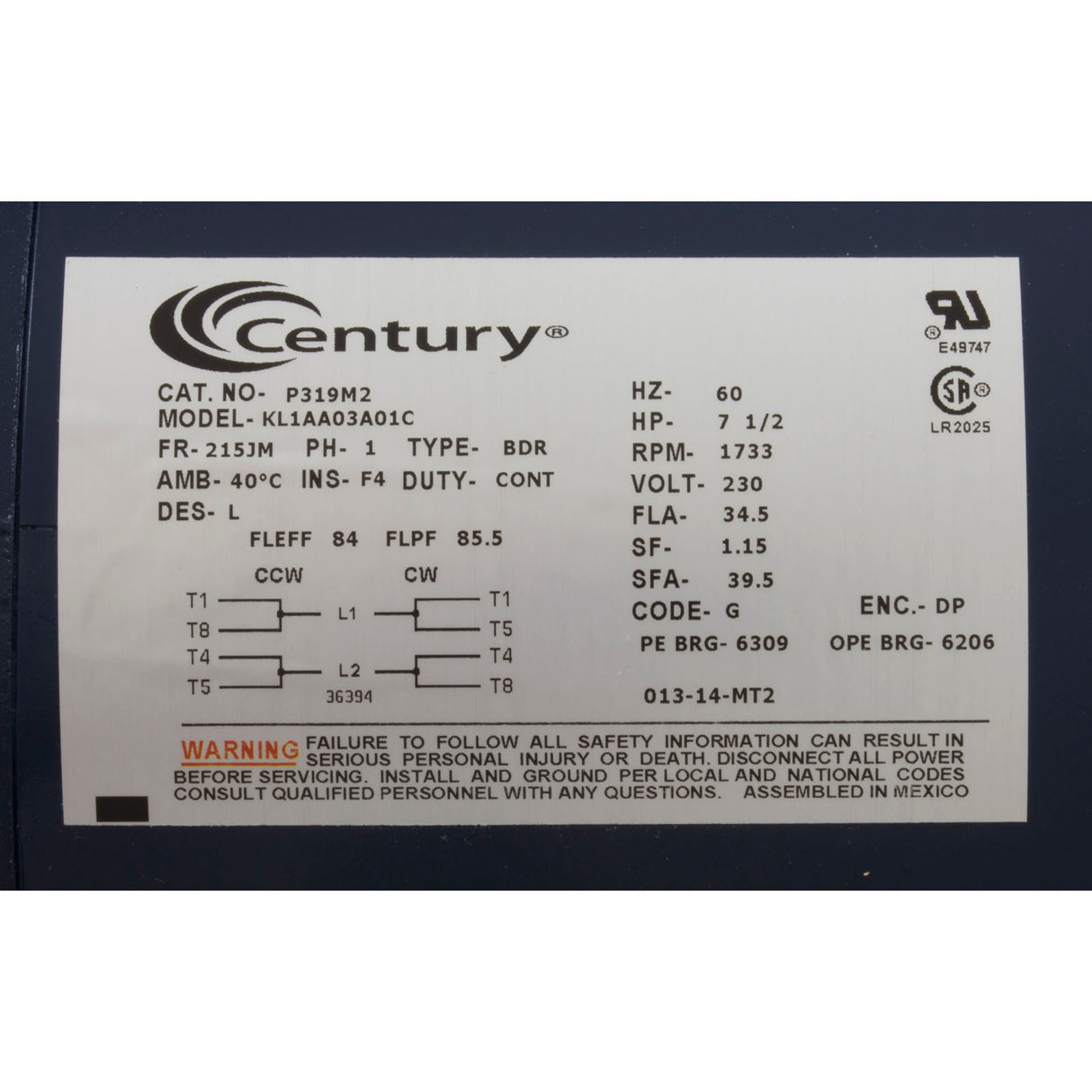 Motor, Century, 7.5hp, 230v, 1 Spd, 215JM Frame : P319