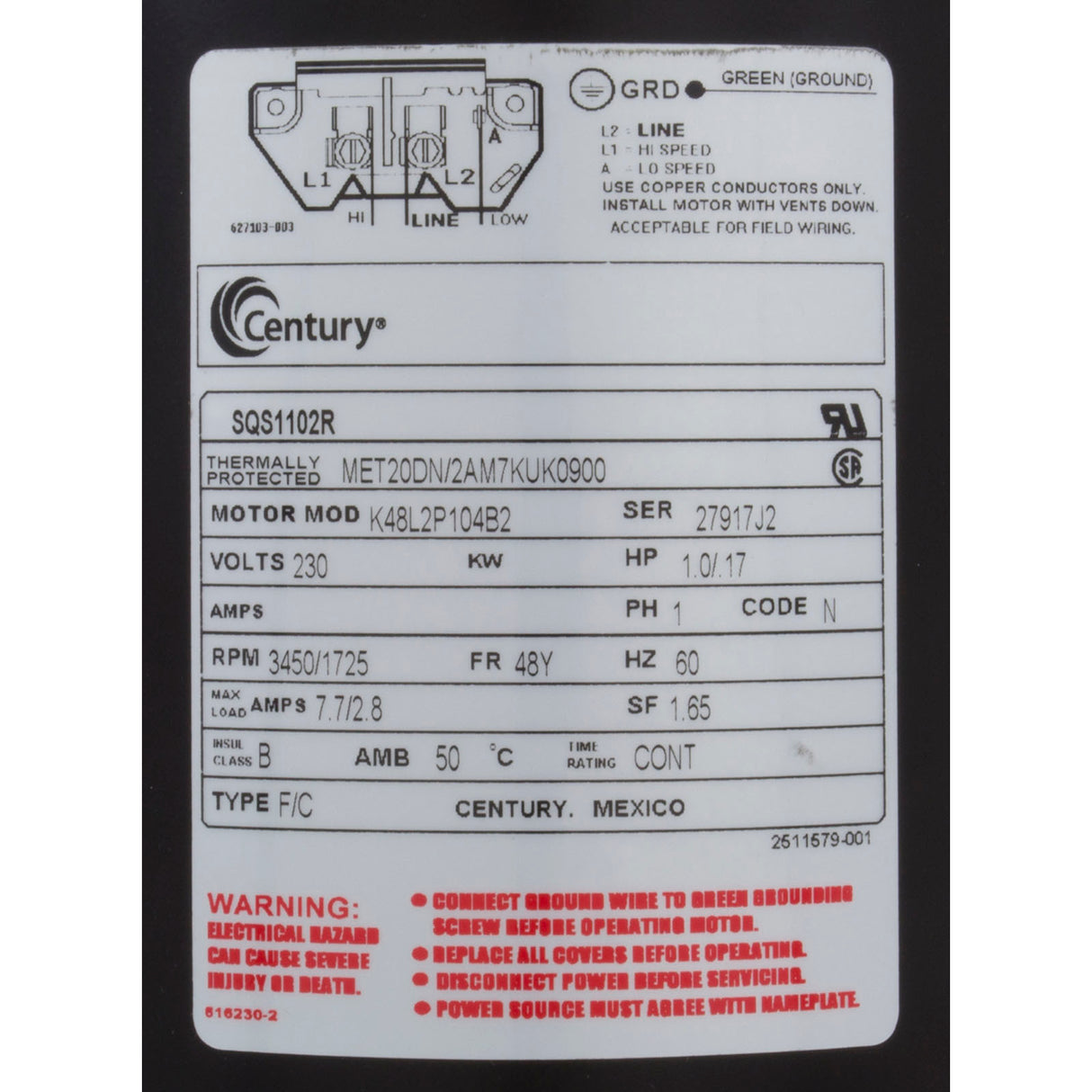 Motor, AO Smith, 1.0hp, 230v, 2-Spd, 48Yfr, SQFL, EE : SQS1102R