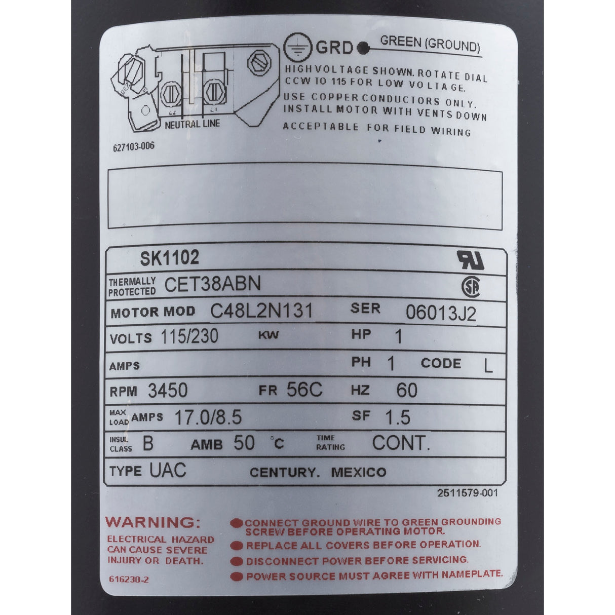 Motor, Century, 1.0hp, 115v/230v, 1-Spd, 56Cfr, C-Face Key : SK1102