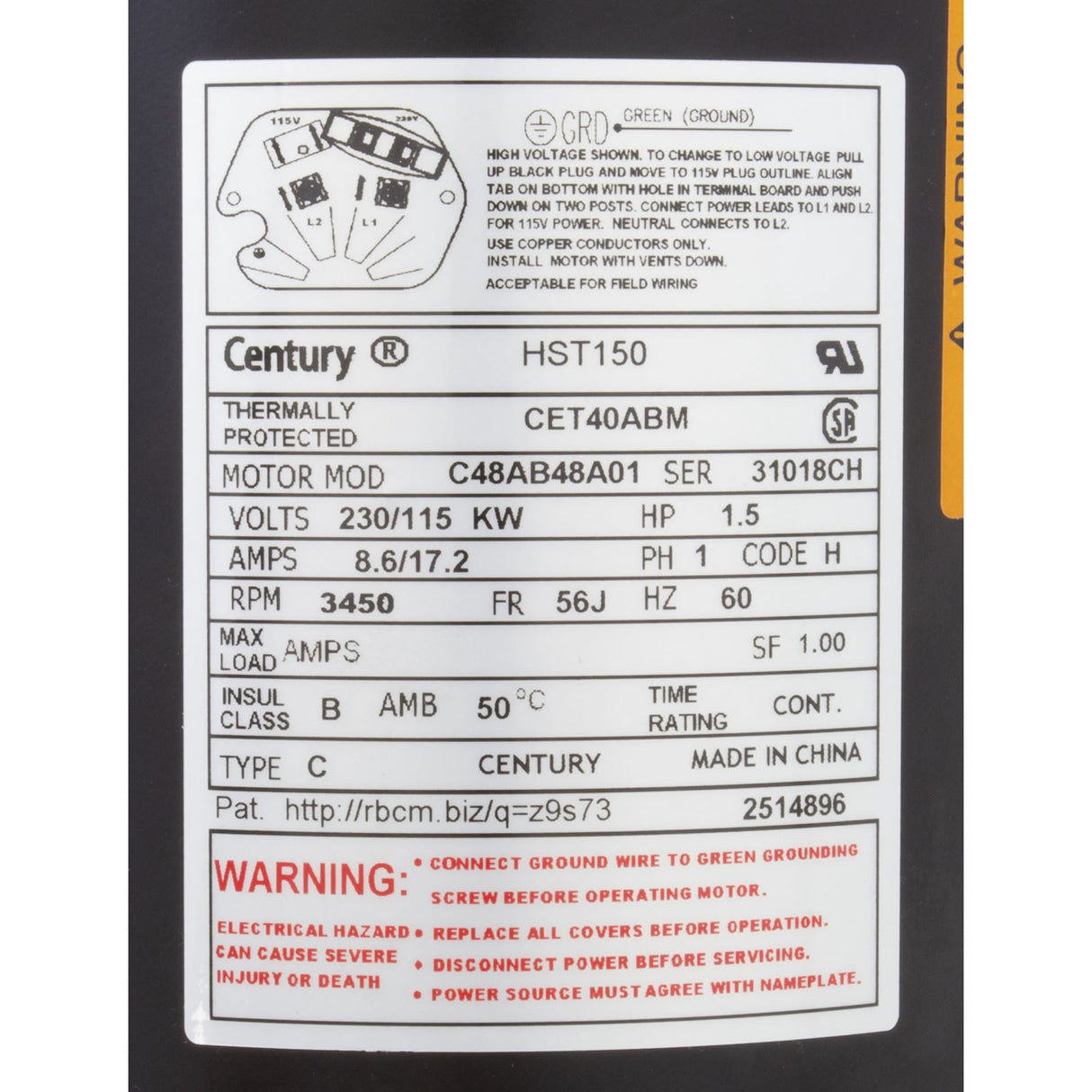 Motor, Century Centurion PRO, 1.5hp, 1-Spd, 115/230v, C-Face, 56J : HST150
