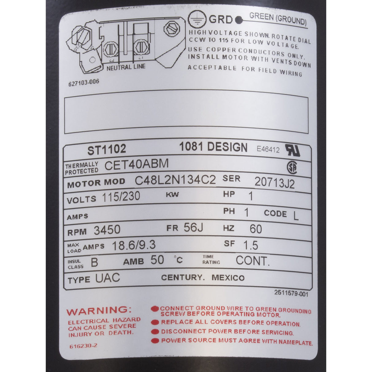 Motor, Century, 1.0hp, 115v/230v, 1-Spd, 56Jfr, C-Face Thd : ST1102
