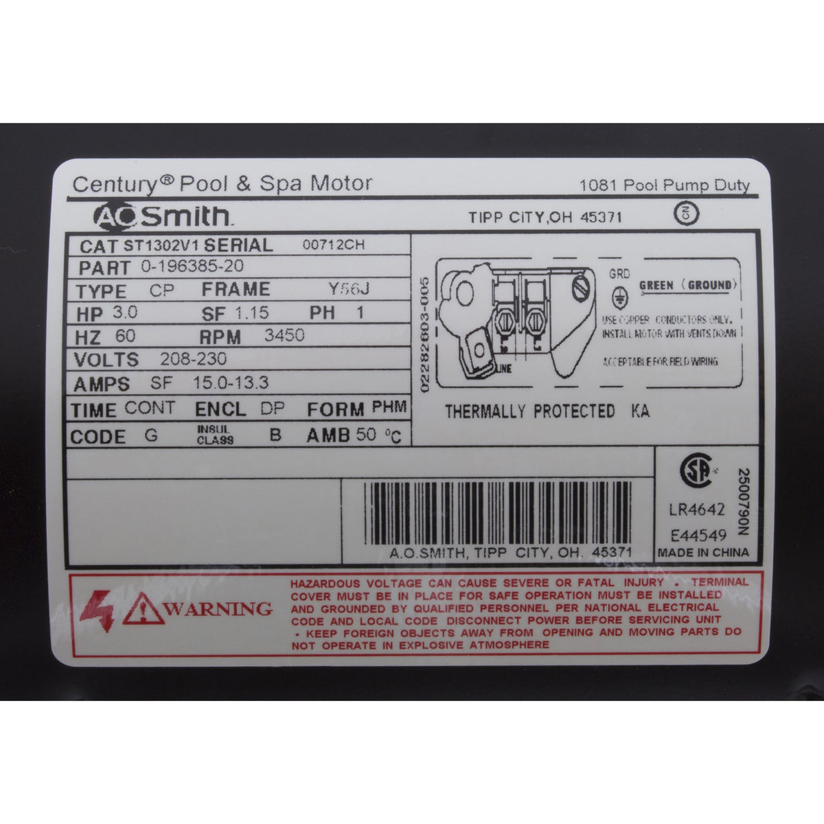 Motor, Century, 3.0hp, 208v-230v, 1-Spd, 56Jfr, C-Face Thd, EE : ST1302V1