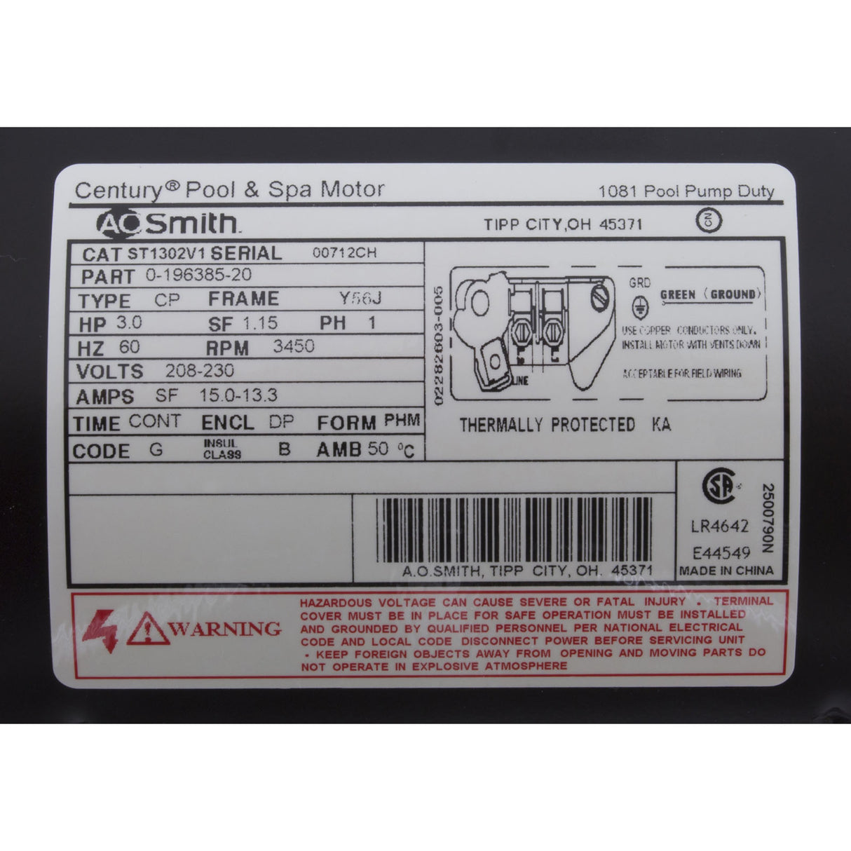 Motor, Century, 3.0hp, 208v-230v, 1-Spd, 56Jfr, C-Face Thd, EE : ST1302V1