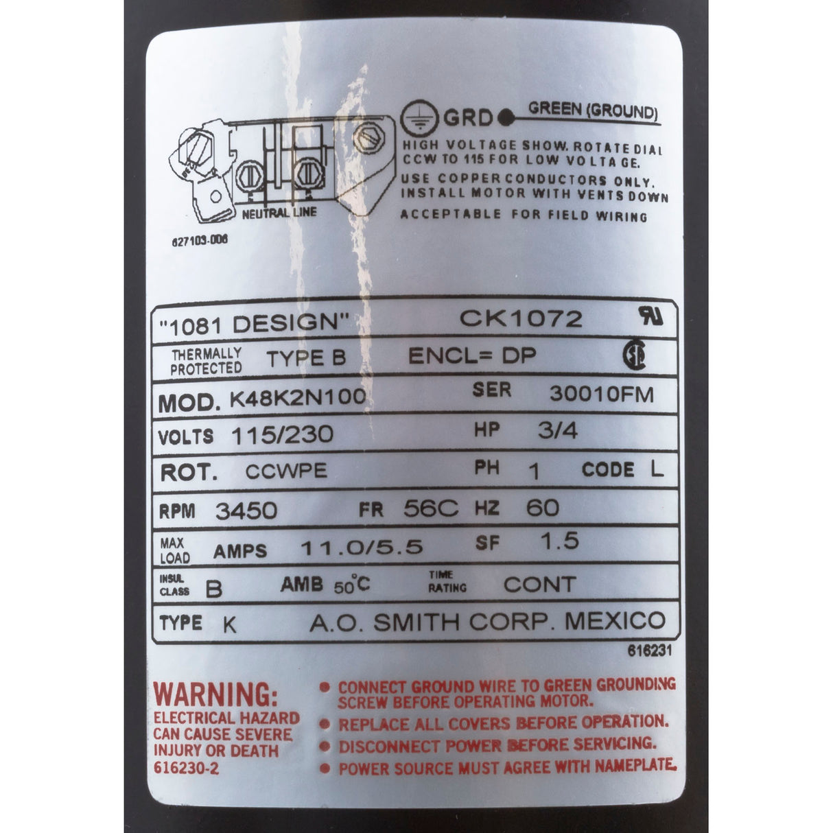 Motor, Century, 0.75hp, 115v/230v, 1-Spd, 56Cfr, C-Face Key : CK1072