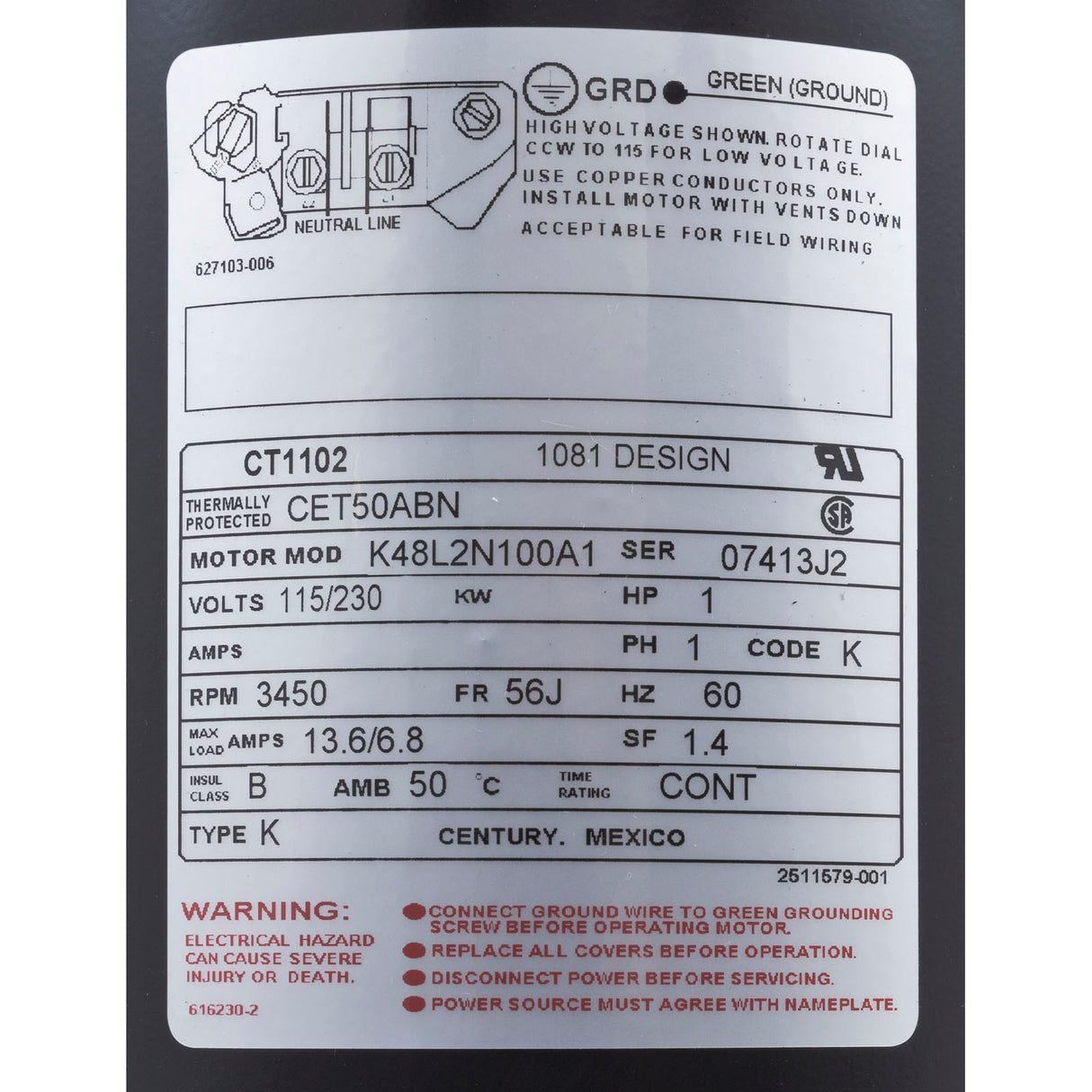 Motor, Century, 1.0hp, 115v/230v, 1-Spd, 56Cfr, C-Face, Thd, EE : CT1102