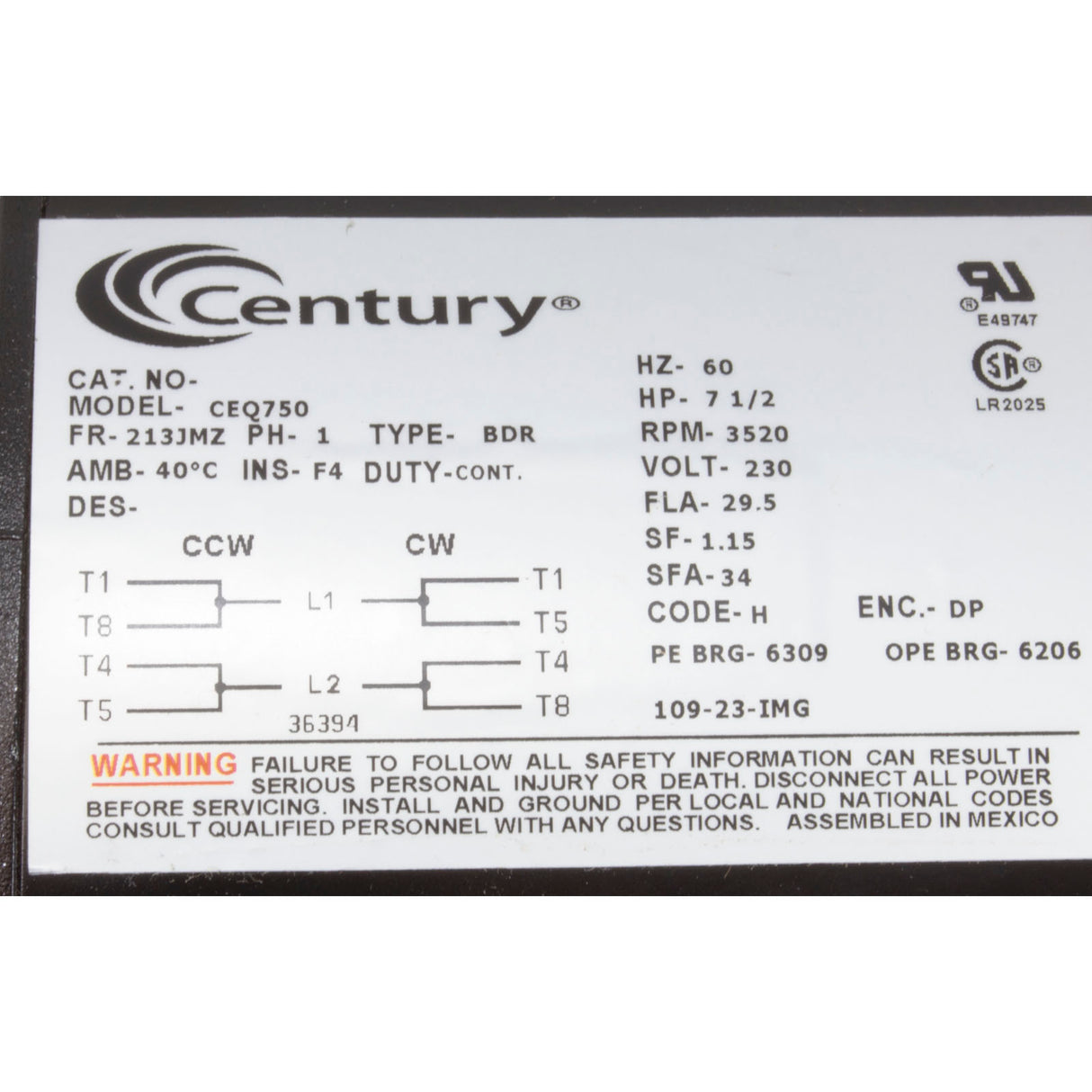 Motor, Century, 7.5hp, 230v, 1-Speed, 1 Phase, EQ Series : CEQ750 - Century - CEQ750 - PartsForSpas.com