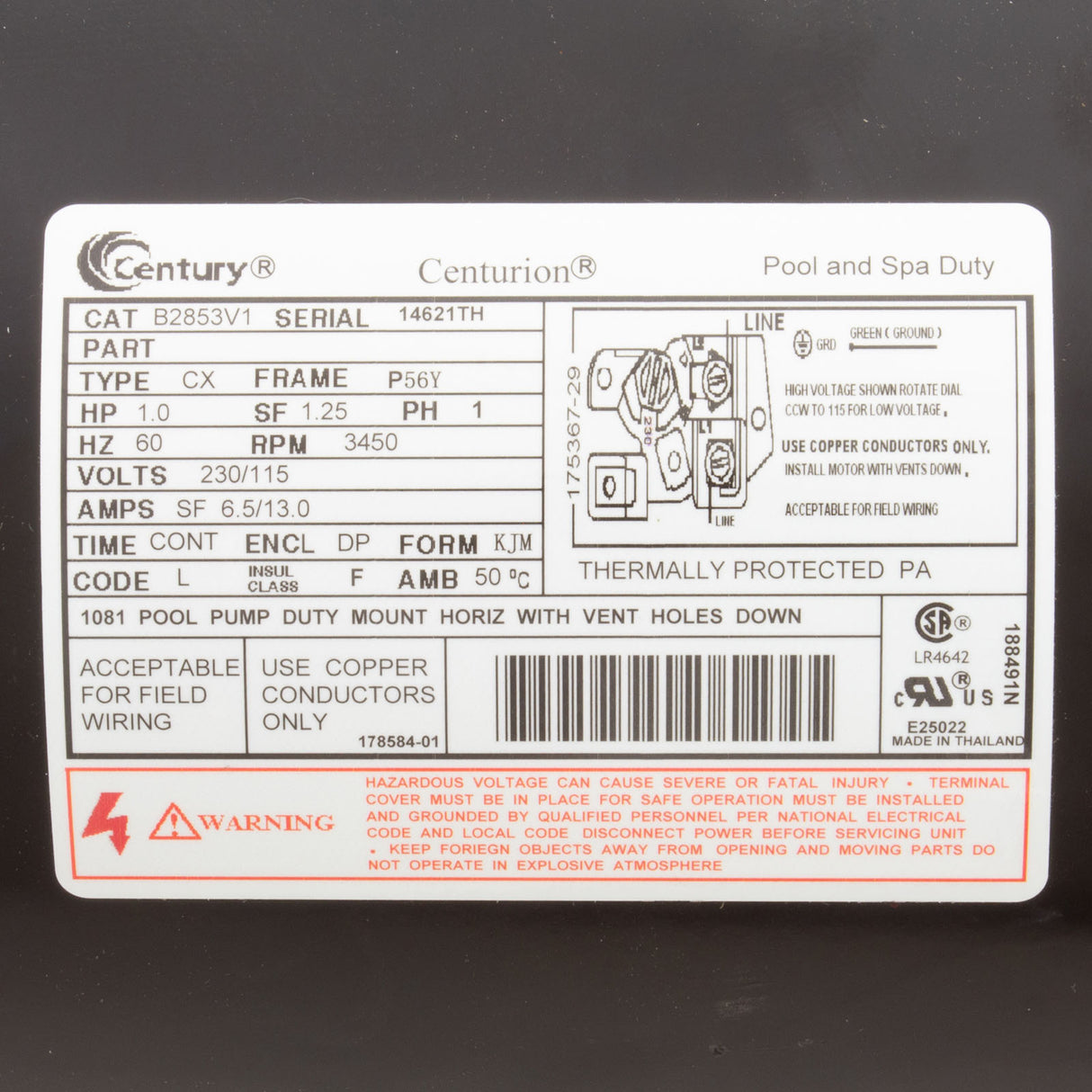 Motor, Century, 1.0hp, 115/230v, 1-Spd, 56YFr, SQFL, Uprate : B2853V1