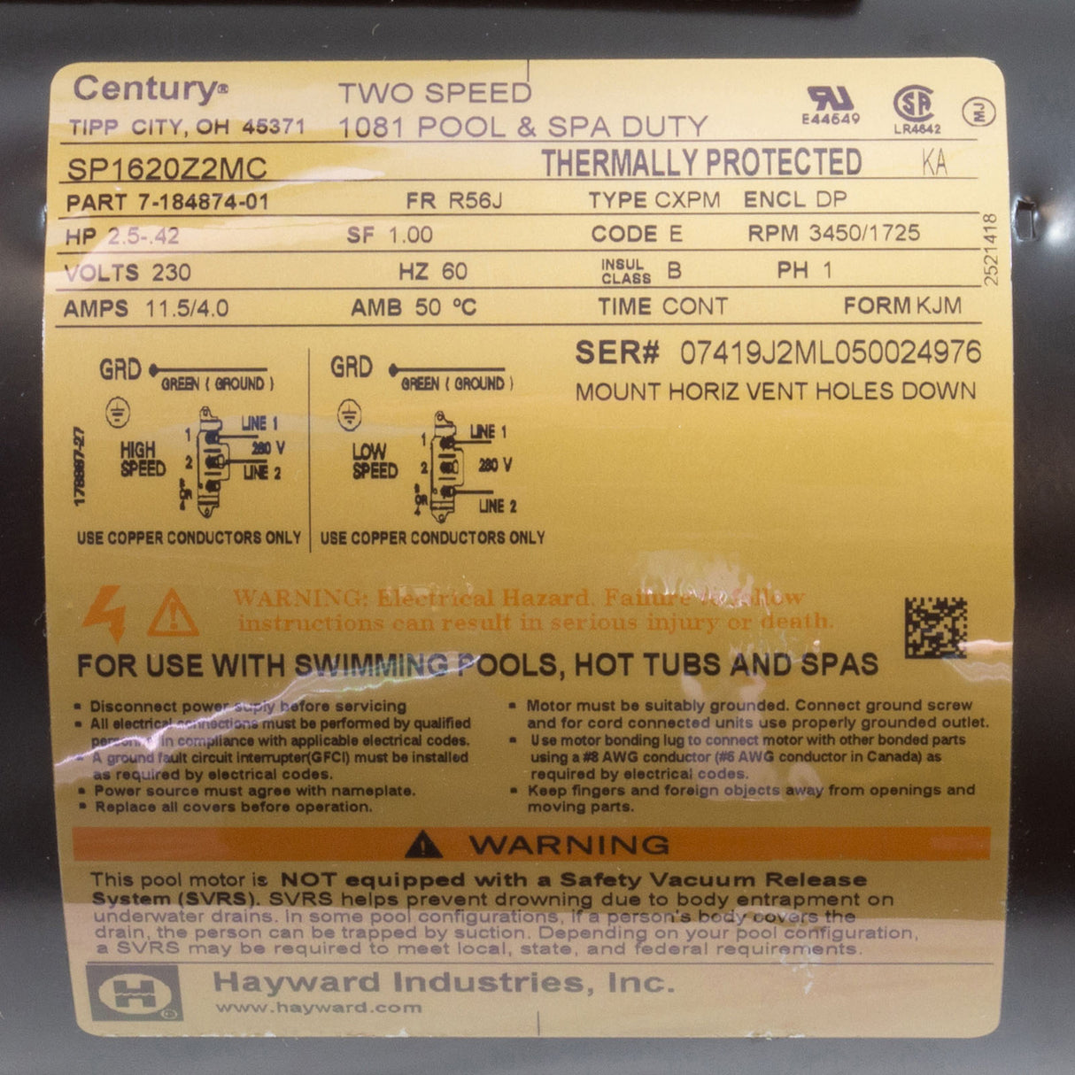 Motor, Hayward Super II, 2.5hp, 230v, 2-Spd, C-Face : SPX1620Z2M