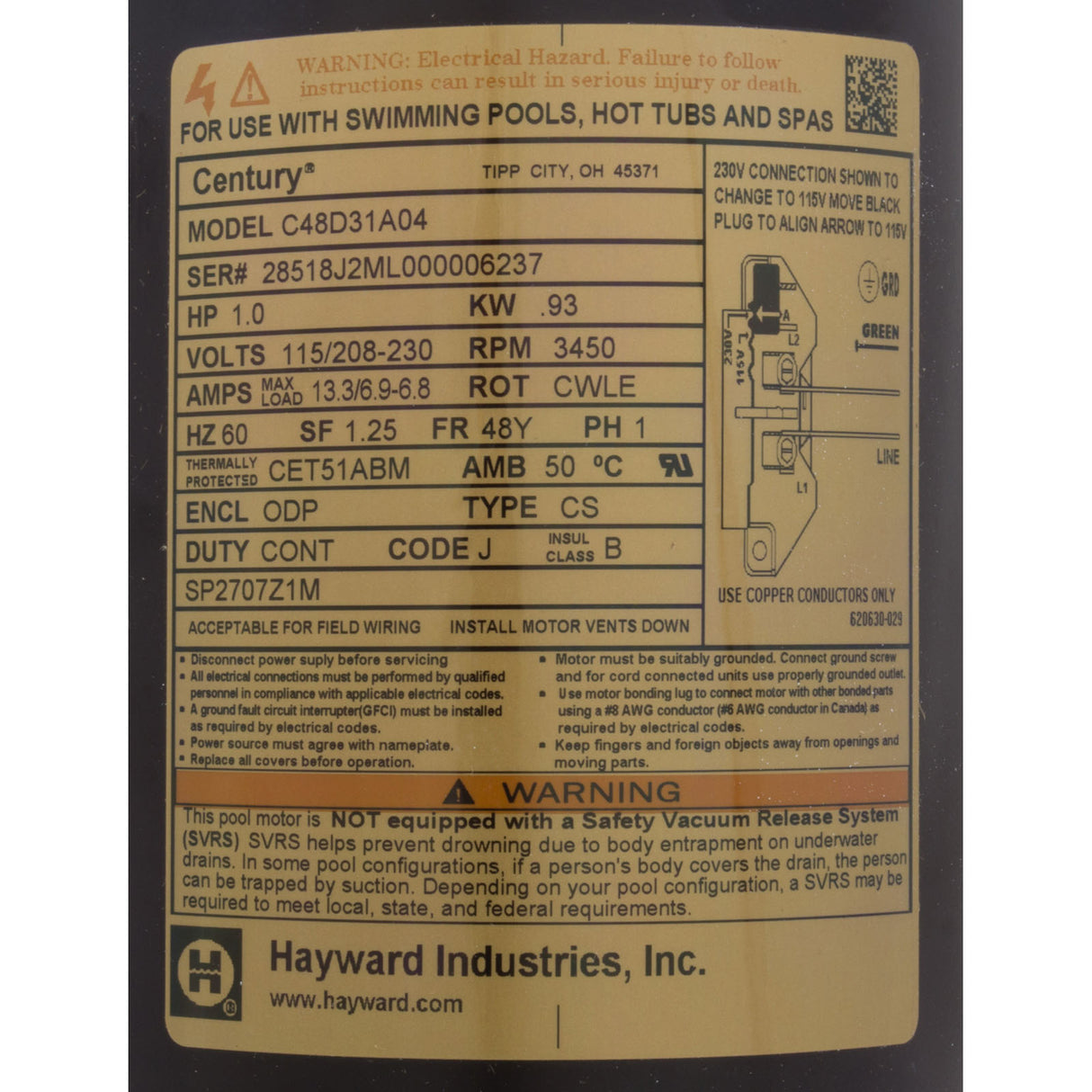 Motor, Hayward MaxFlo II/XL, 1.0hp, 115v/208-230v, Max Rate : SPX2707Z1M