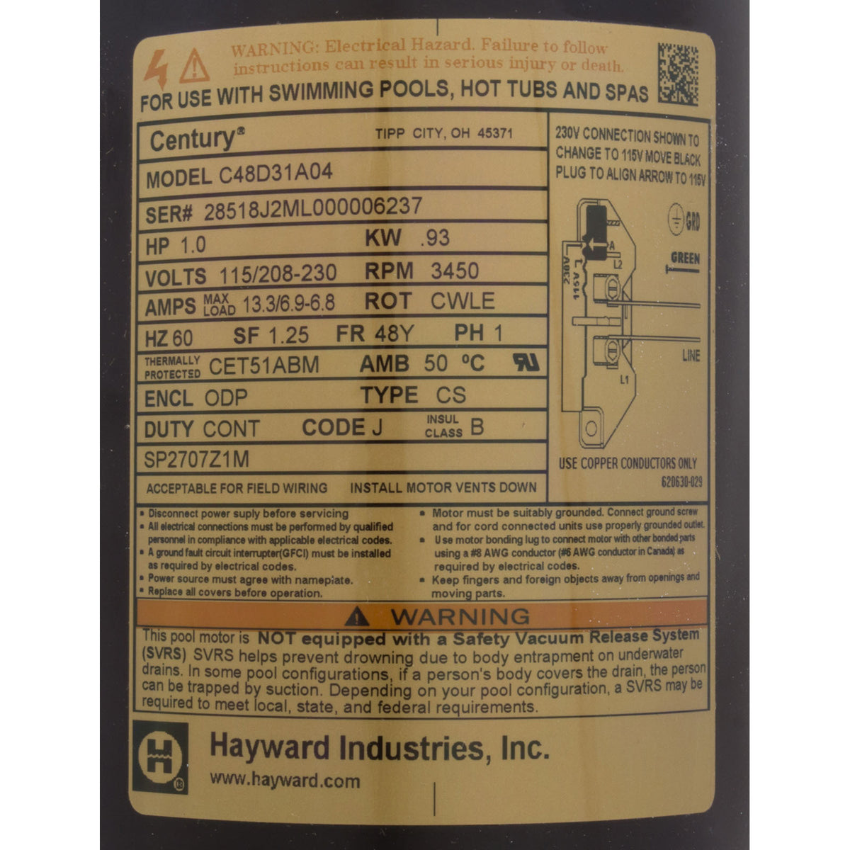 Motor, Hayward MaxFlo II/XL, 1.0hp, 115v/208-230v, Max Rate : SPX2707Z1M