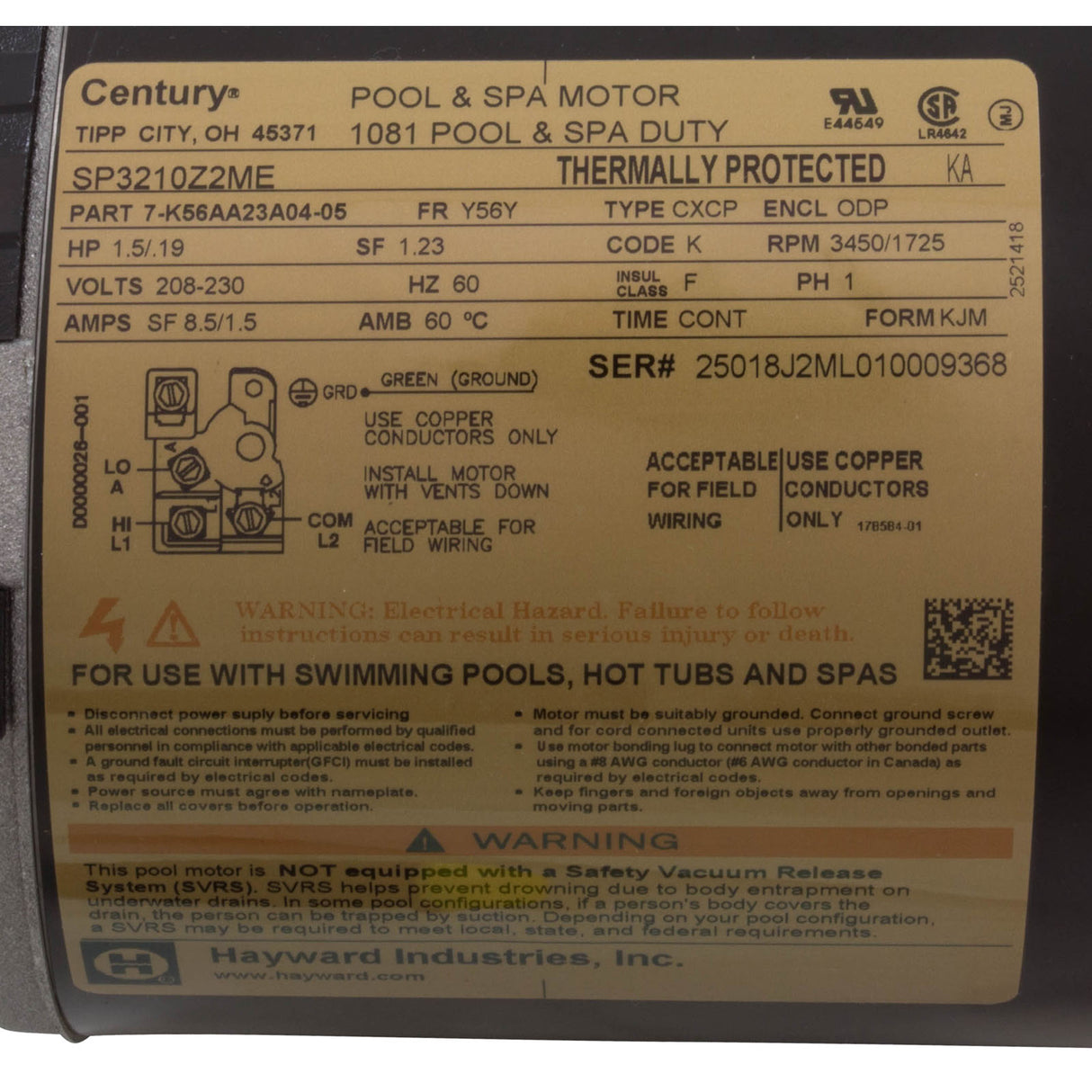Motor, Hayward TriStar SP3200X, 1.5hp, 2-Spd, 208-230v, MaxRated : SPX3210Z2MER