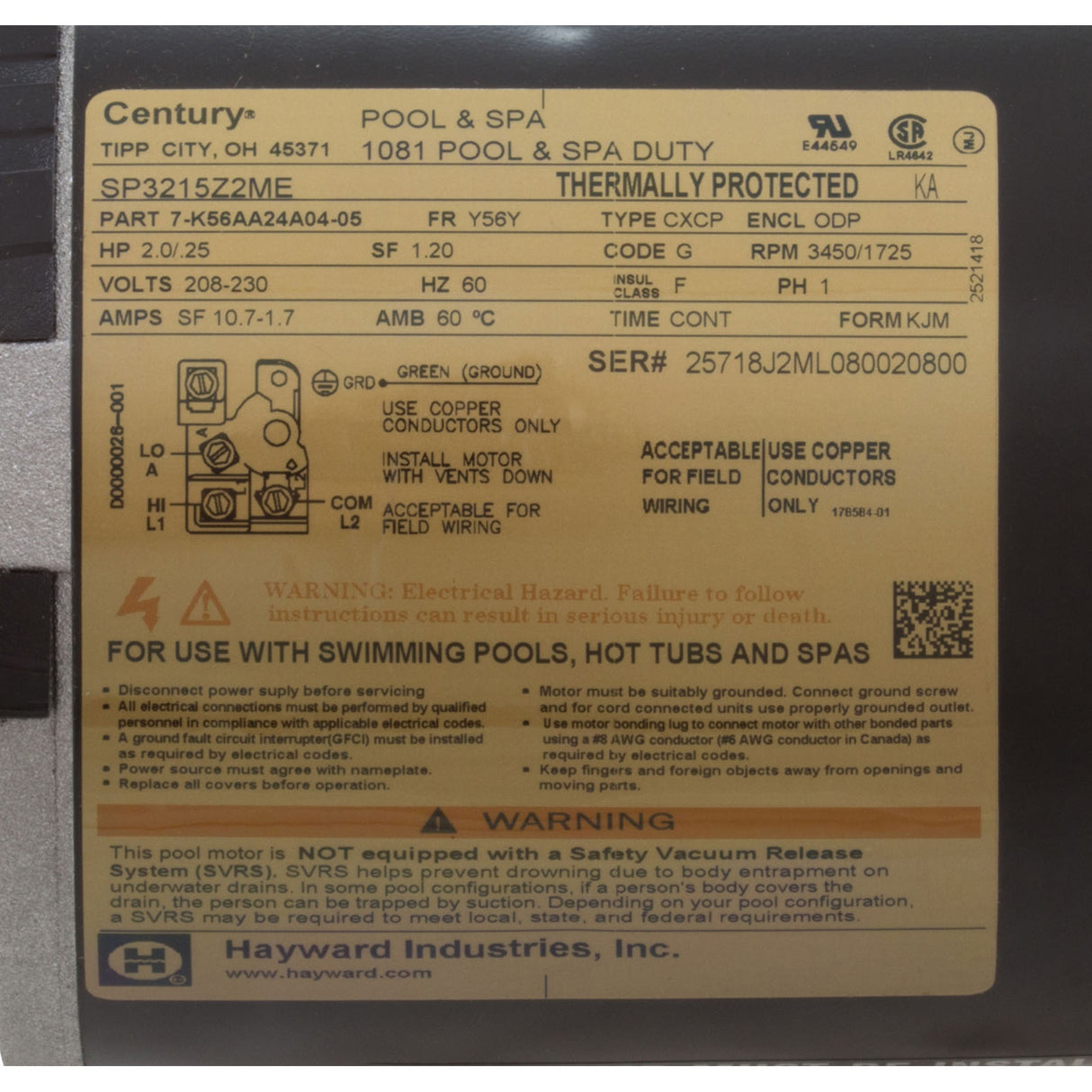 Motor, Hayward TriStar SP3200X, 2.0hp, 2Spd, 208-230v, Max Rated : SPX3215Z2MER