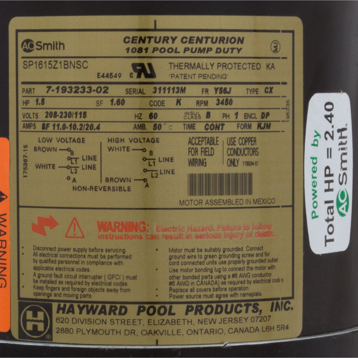 Motor, Hayward NorthStar SP4000, 1.5hp, 1-Spd, Full Rated, EE : SPX1615Z1BNS