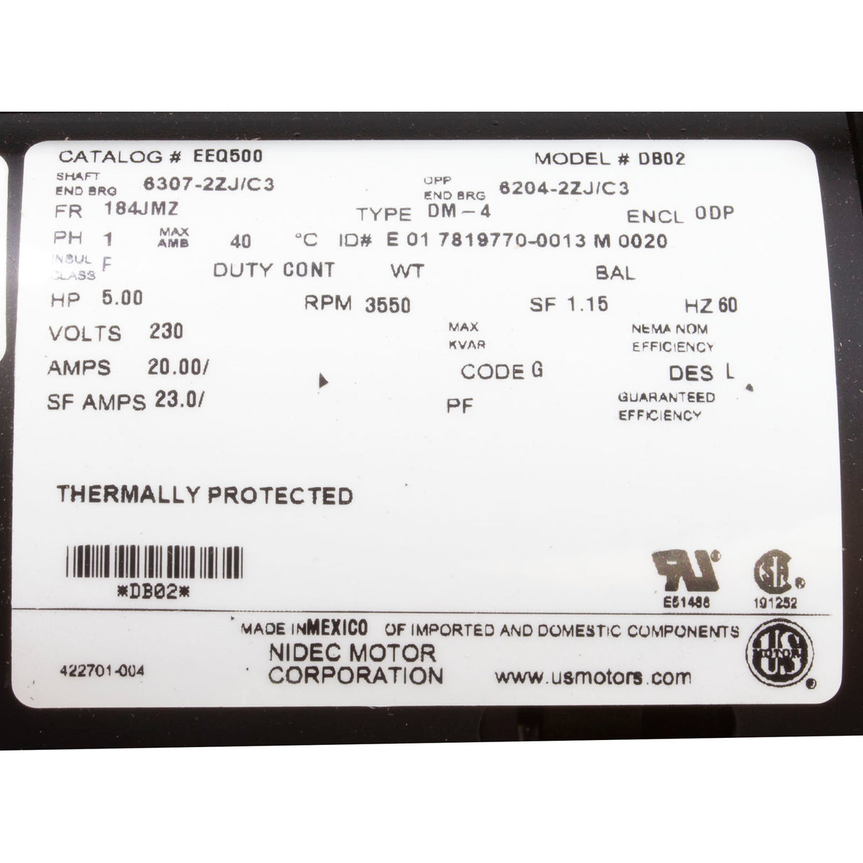 Motor, US Motor, 5.0 Horsepower, 230v, Single Phase : EEQ500 - Nidec Motor Corp/US Motors - 786382097035 - PartsForSpas.com