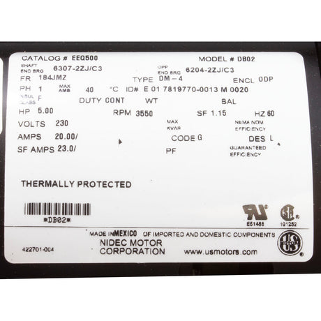 Motor, US Motor, 5.0 Horsepower, 230v, Single Phase : EEQ500 - Nidec Motor Corp/US Motors - 786382097035 - PartsForSpas.com