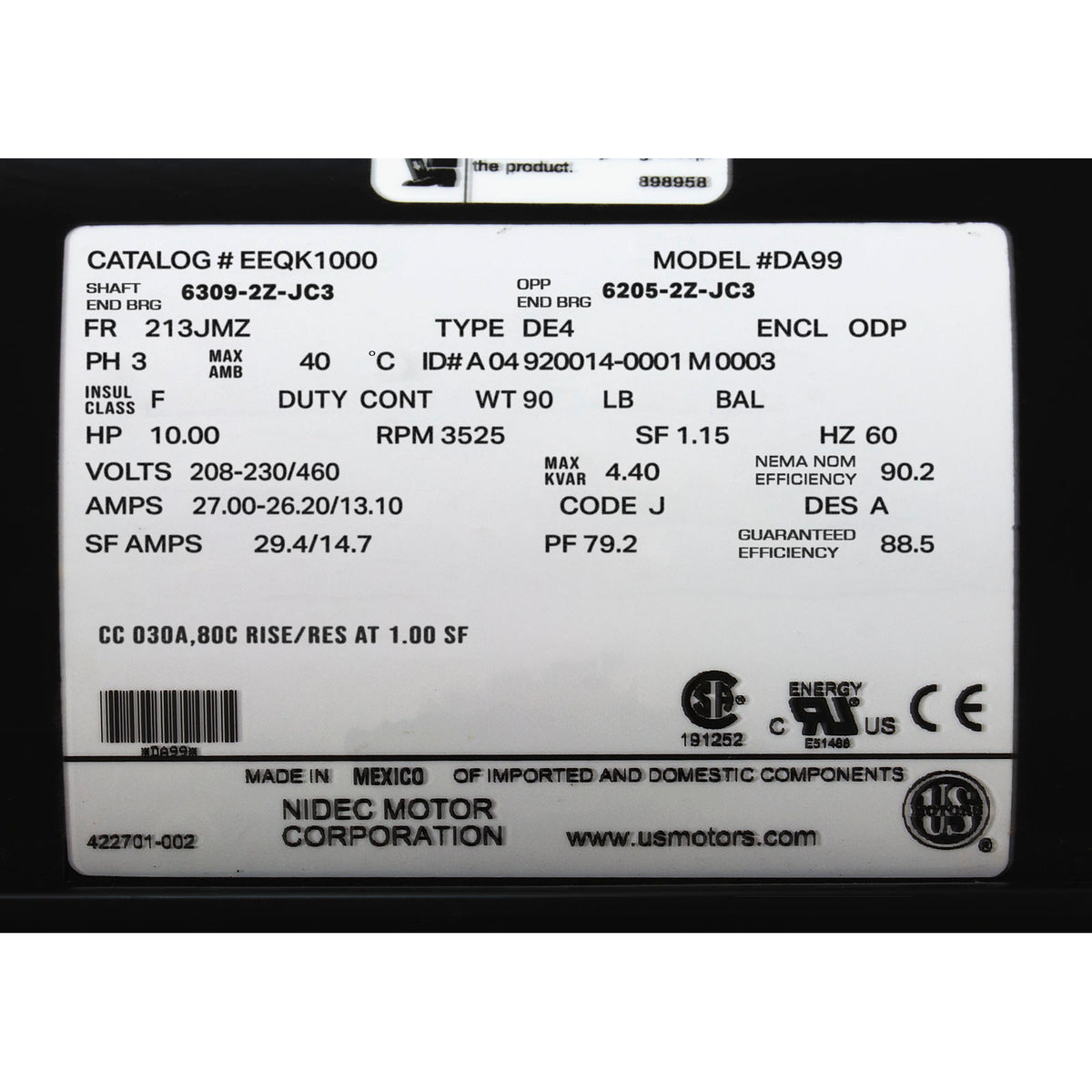 Motor, US Motor, 10 Horsepower, Three Phase, 208/230/460v : EEQK1000
