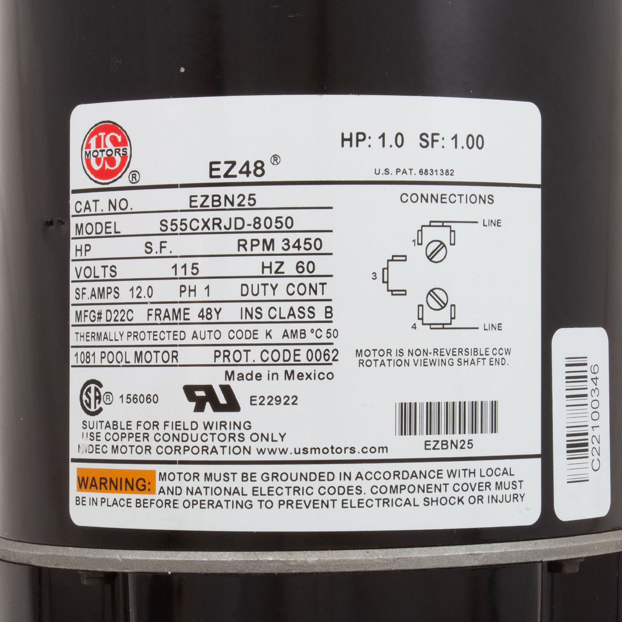 Motor, Nidec/US Motor, 1.0hp, 115v, 1-Spd, 48Y Frame : EZBN25