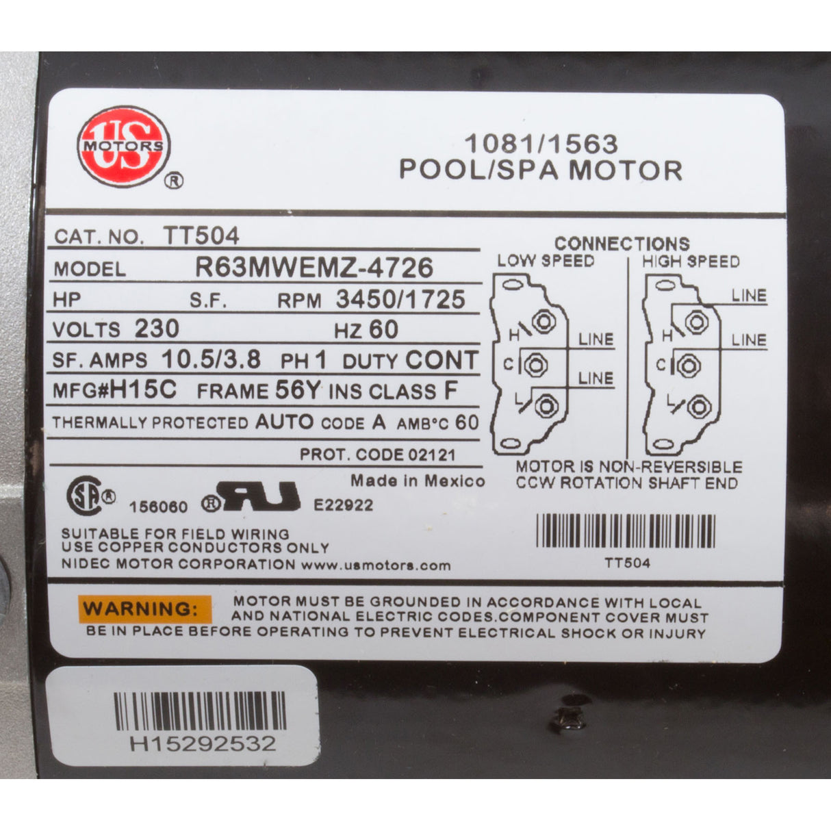 Motor, US Motor, 2.5 Horsepower, ThruBolt, 2-Spd, 230v, 56Y, : TT504
