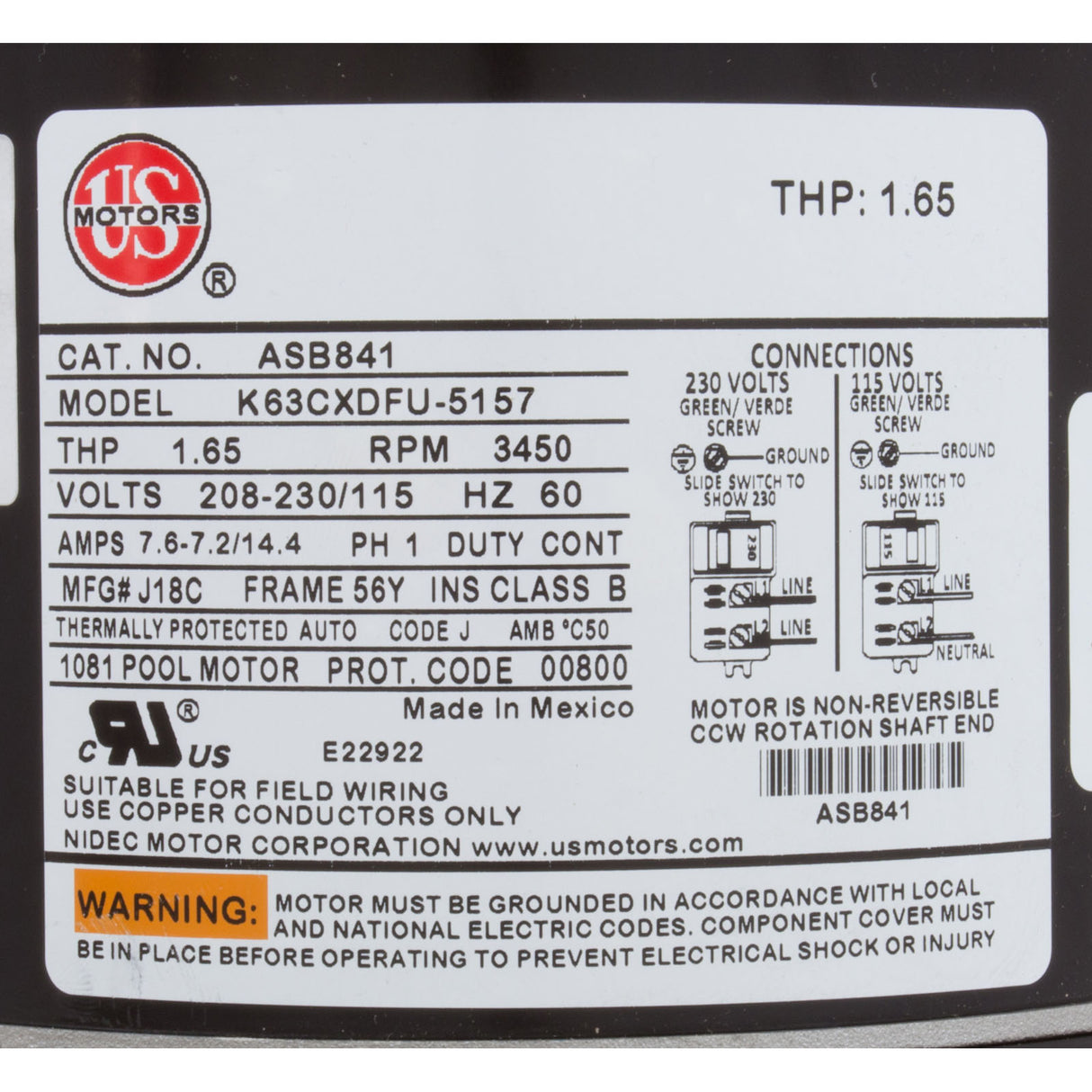 Motor, US Motor, 1.0hp, SQFL, Fullrate, 115/208/230v, 56Y, EE : ASB841
