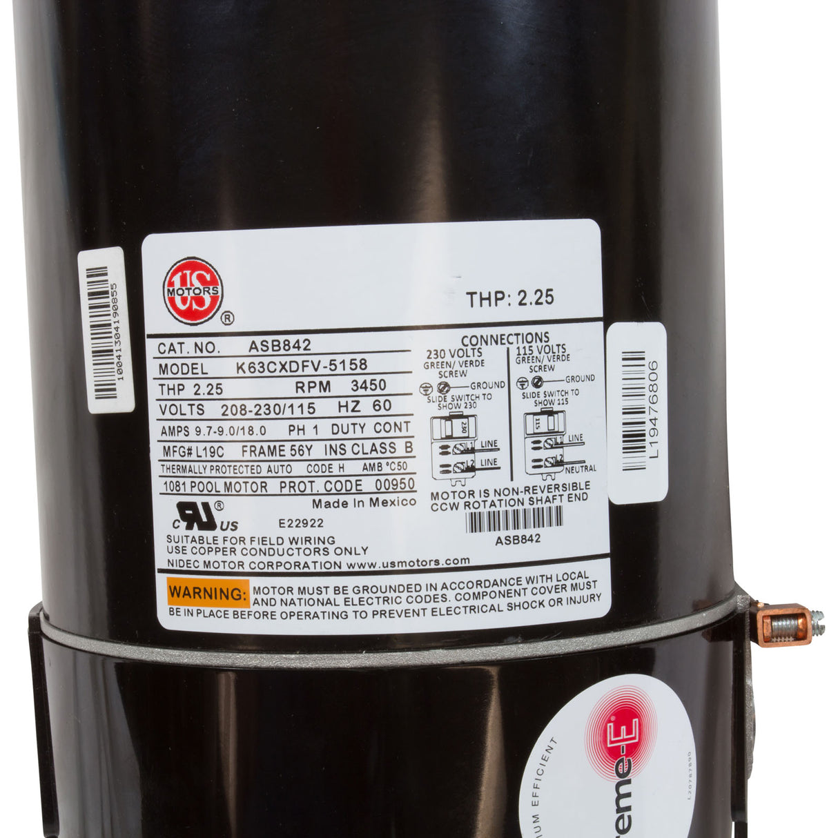 Motor, US Motor, 1.5hp, SQFL, Fullrate, 115/208/230v, 56Y, EE : ASB842