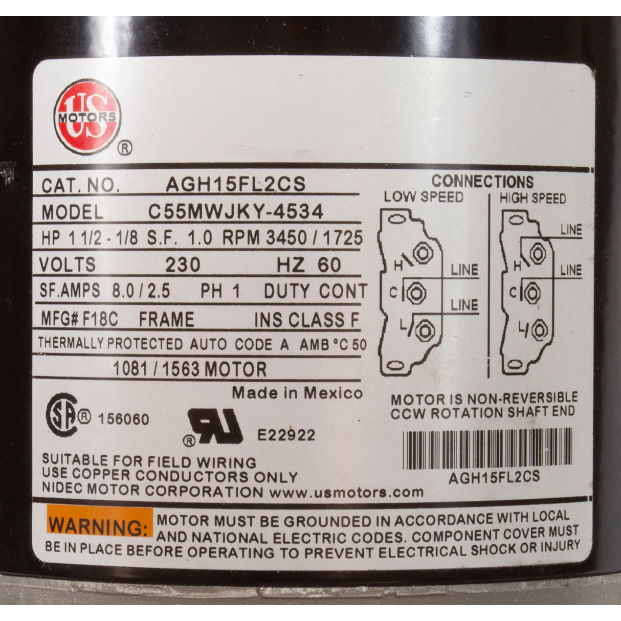 Motor, US Motor, 1.5 Horsepower, ThruBolt, 2-Speed, 230v, 48Y : AGH15FL2CS