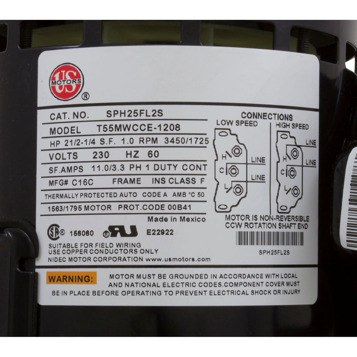 Motor, US Motor, 2.5 Horsepower, ThruBolt, 2-Speed, 230v, 48Y : SPH25FL2S
