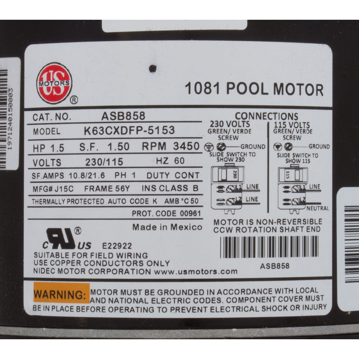 Motor, US Motor, 1-1/2 Hp 115/230v SQFL : ASB858