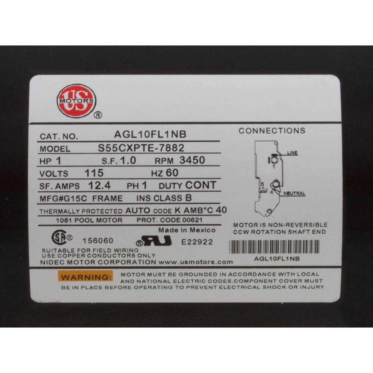 Motor, US Motor, 1.0hp, Thru Bolt, 1-Spd, 115v, 12A, Heat Transfer : AGL10FL1NB